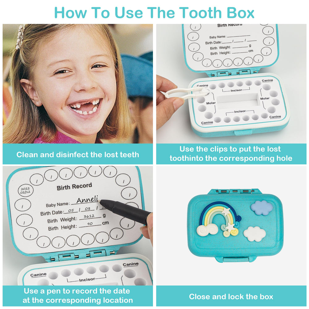 iweener Tooth Saver box open lid reveals labeled inner sections for neat storage.