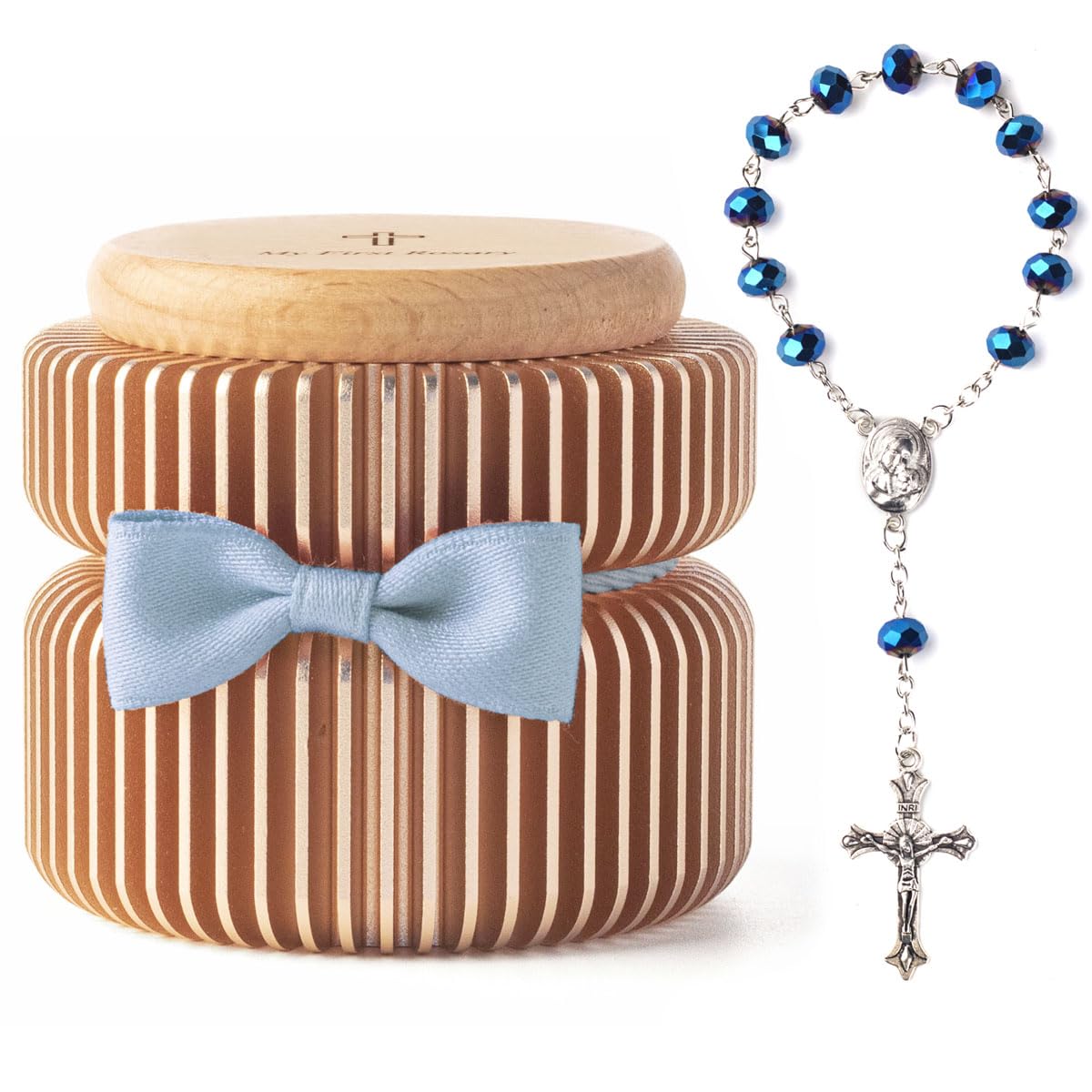 iwoohome Catholic baptism gift set blue rosary box, ready-to-gift keepsake