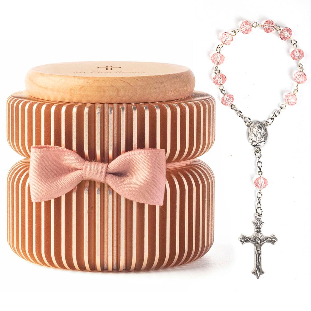 iwoohome my first rosary box pink gold closeup shows the engraved lid and keepsake theme