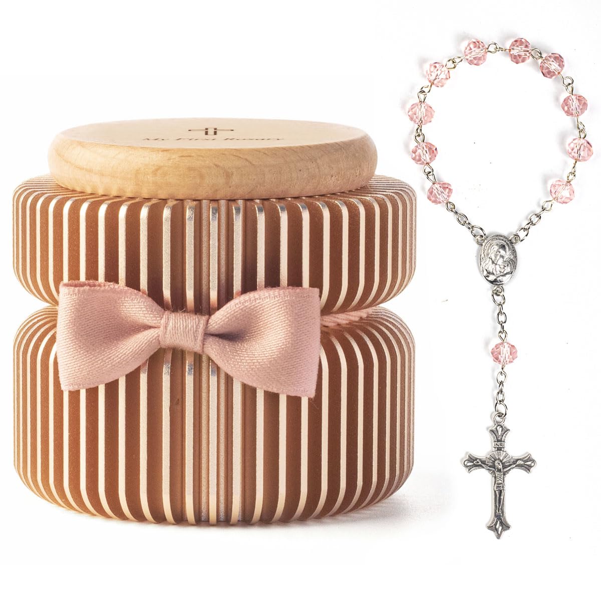 iwoohome my first rosary box pink gold closeup shows the engraved lid and keepsake theme