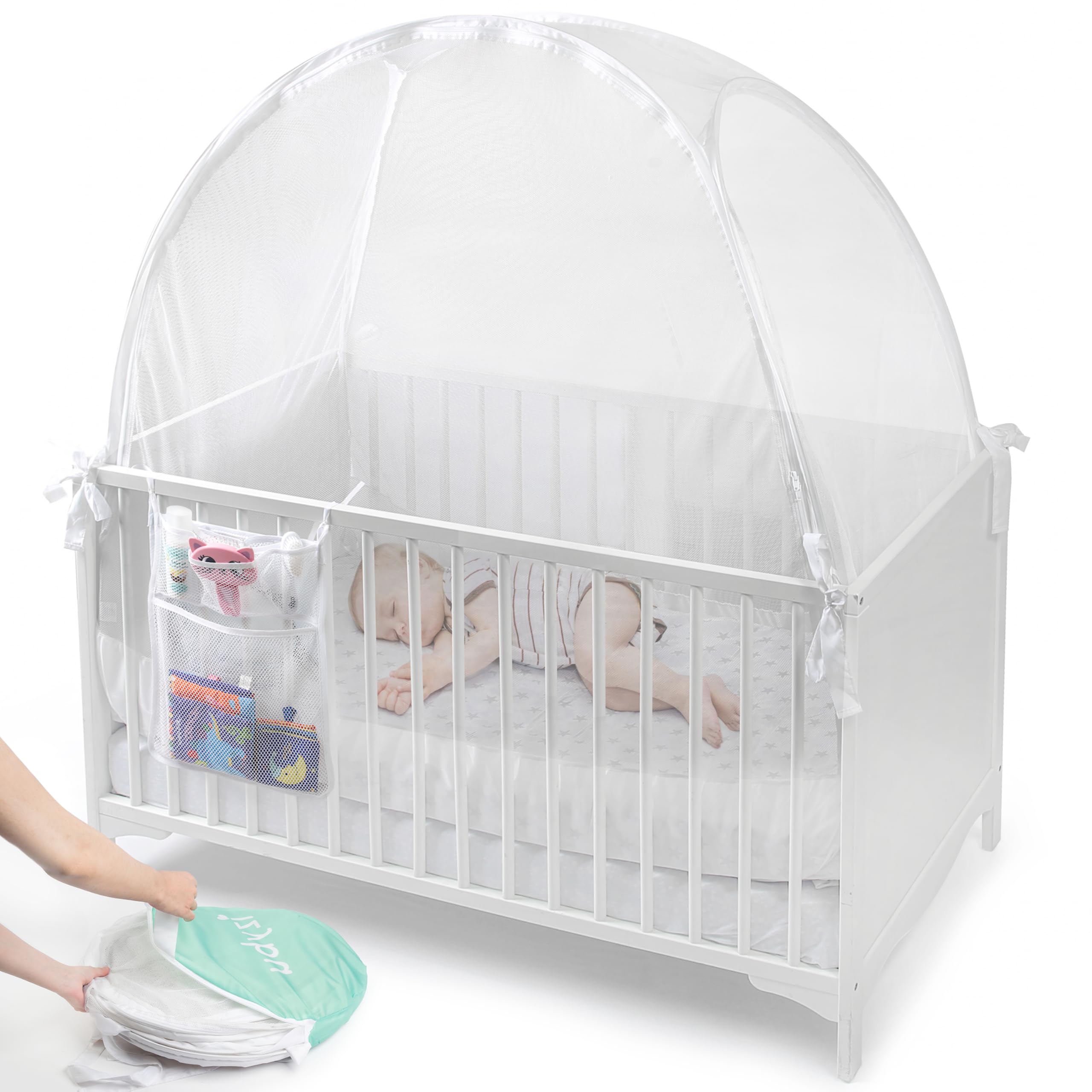 Izybu crib tent close-up mesh shows breathable fabric for safe sleep