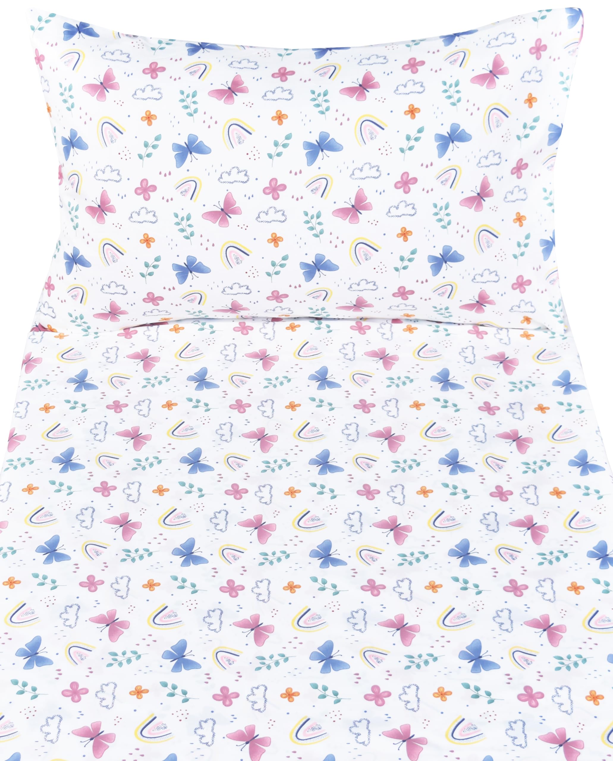 J-pinno butterfly rainbow fitted sheet designed for easy, cozy nursery beds.