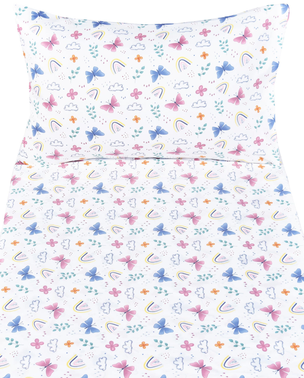 J-pinno butterfly rainbow fitted sheet designed for easy, cozy nursery beds.