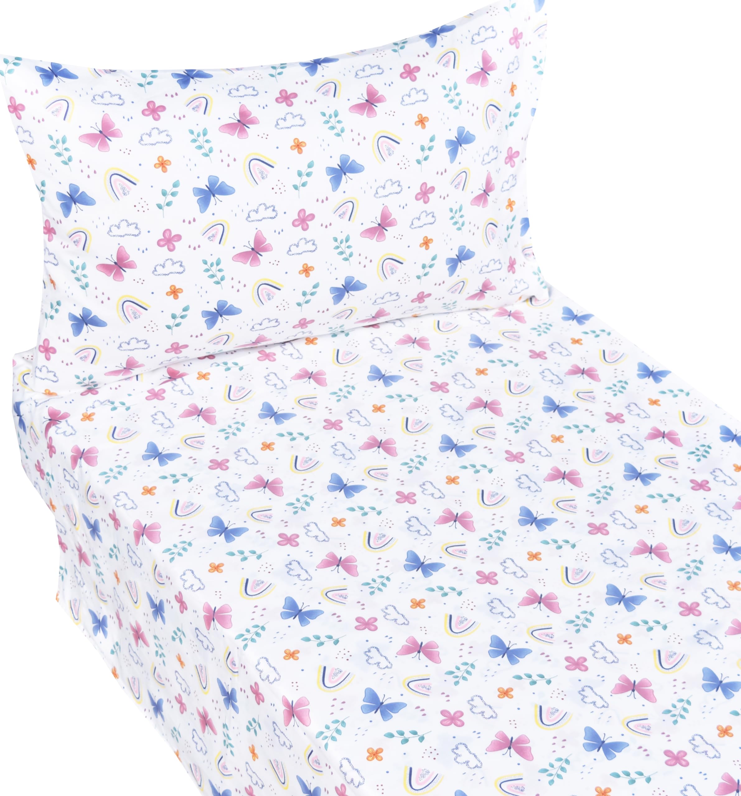 J-pinno butterfly rainbow flat sheet offers breathable comfort for toddlers' sleep.