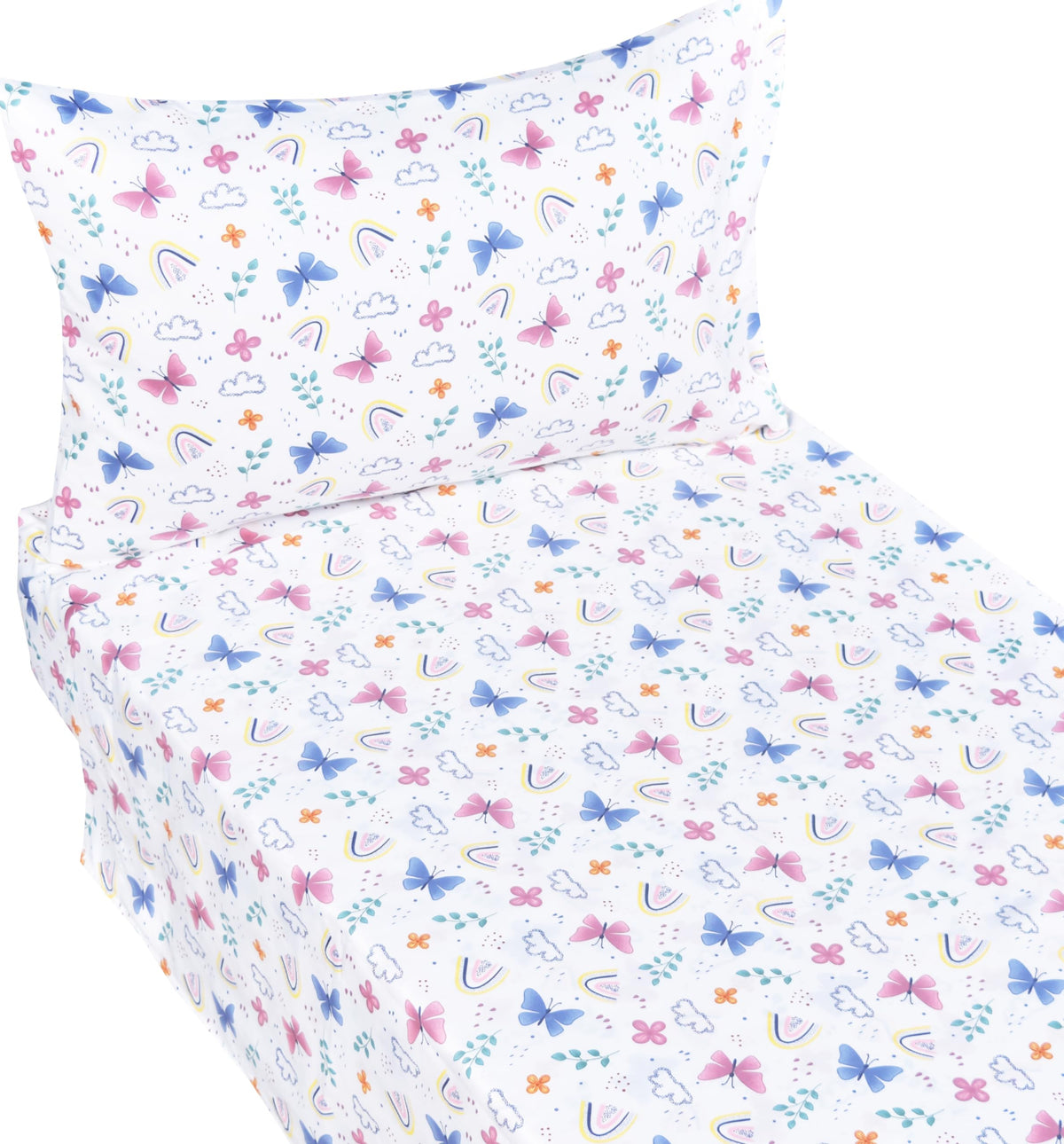 J-pinno butterfly rainbow flat sheet offers breathable comfort for toddlers' sleep.