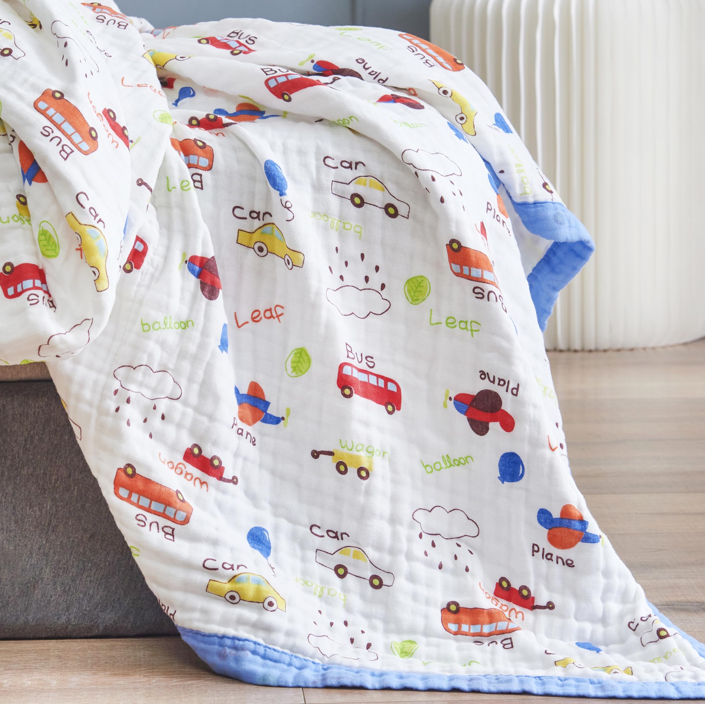J-pinno Cars Cute Muslin Blanket folded, plush 6-layer fabric for cozy cuddles.
