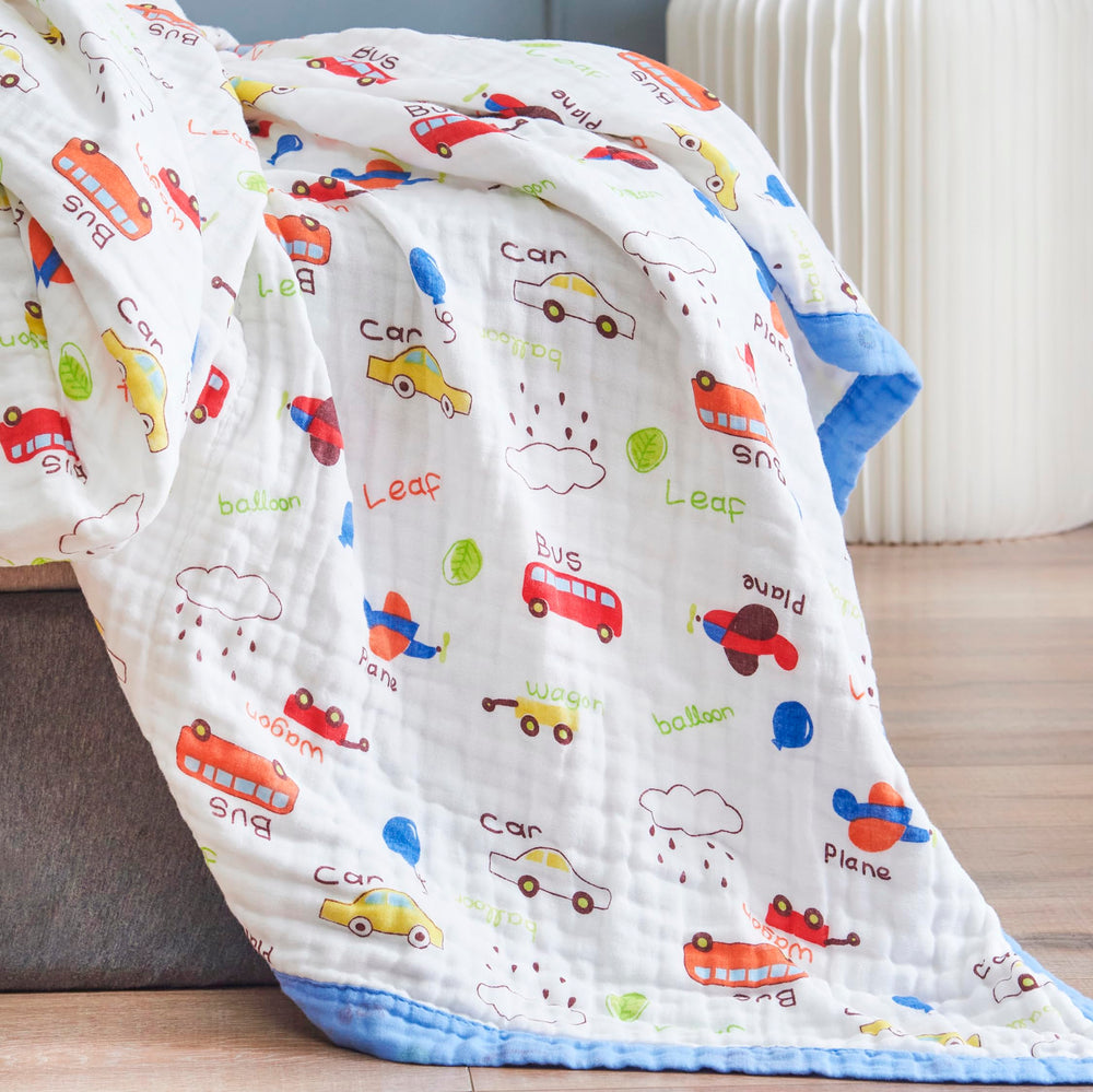 J-pinno Cars Cute Muslin Blanket folded, plush 6-layer fabric for cozy cuddles.