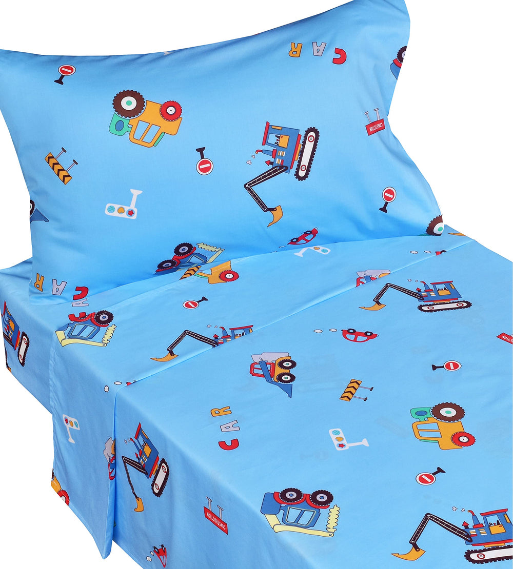 J-pinno Cars Vehicles Digger flat sheet showcases breathable cotton softness for kids.