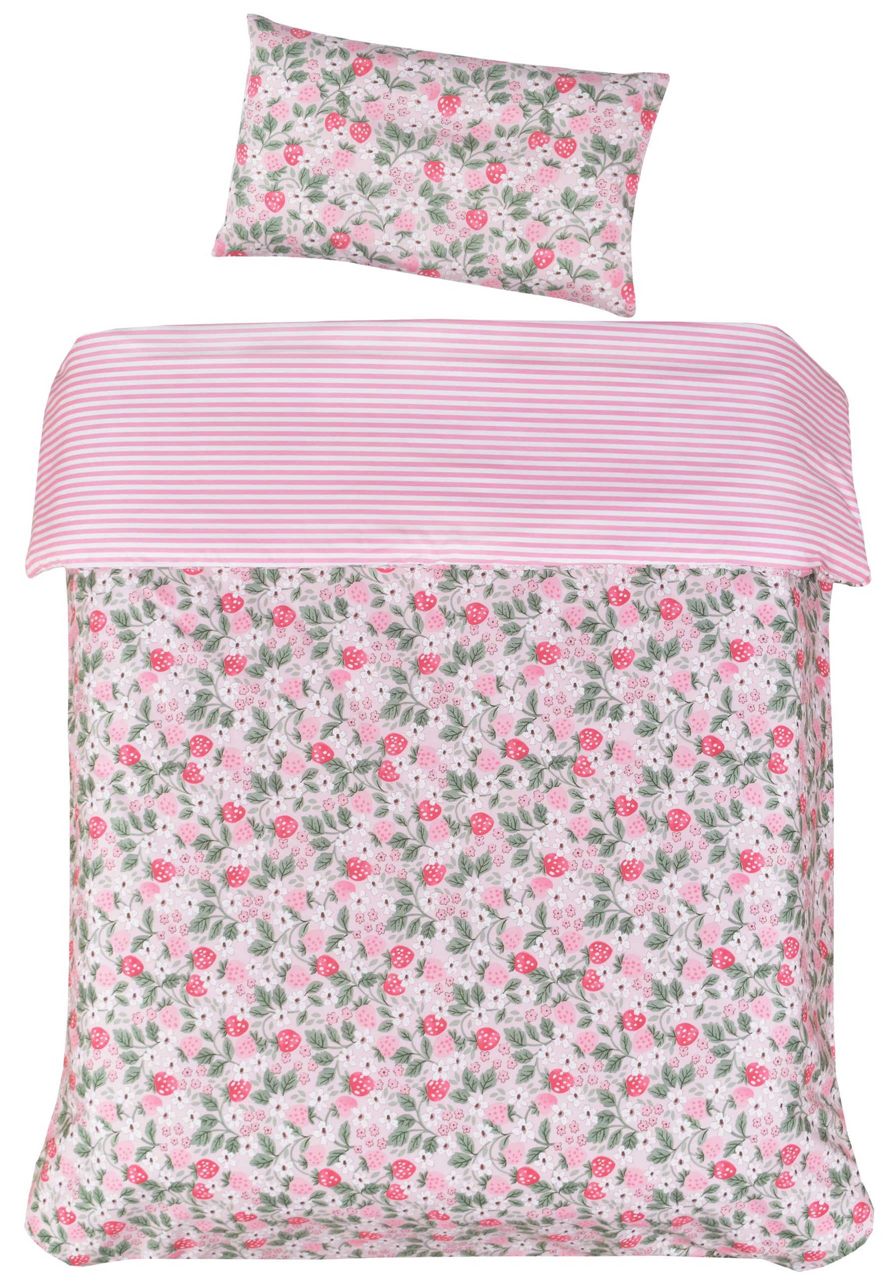 J-pinno pink strawberry pillowcase complements kid bedding for easy sleep routines