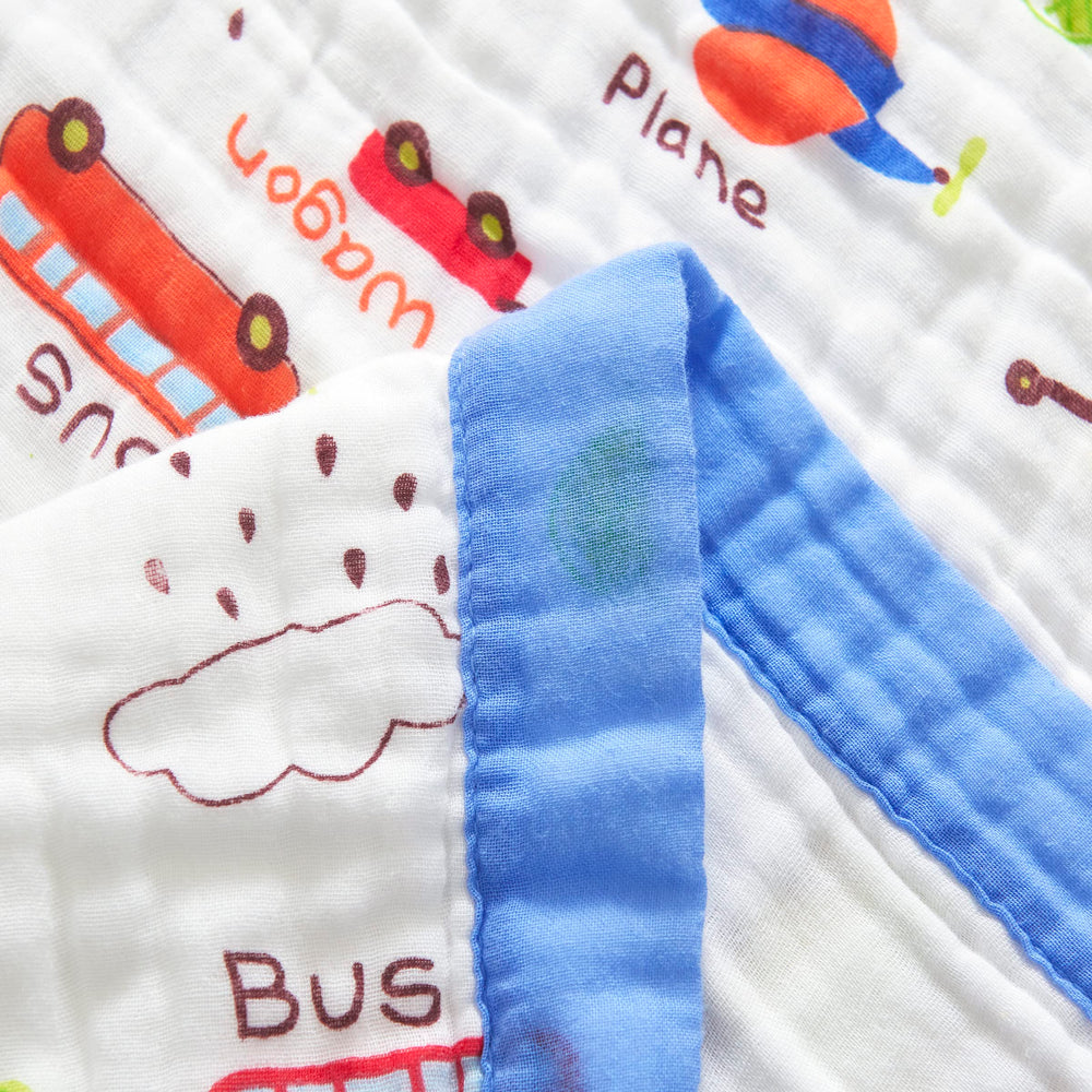 J-pinno Reversible Cars Muslin Blanket showcases versatile styling choices.