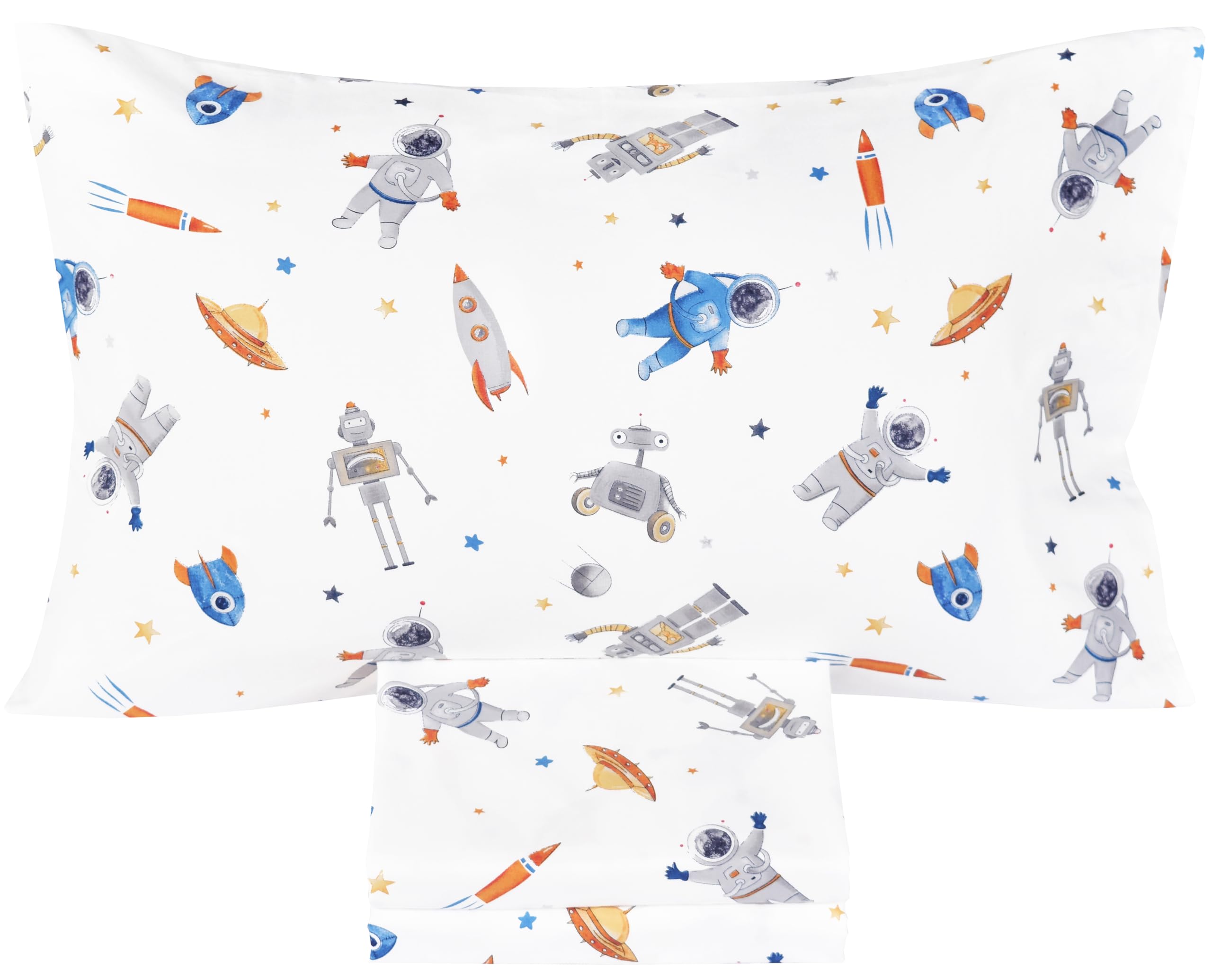 J-pinno robot-astronaut fitted-sheet closeup highlights secure elastic fit for kids' bedtime.
