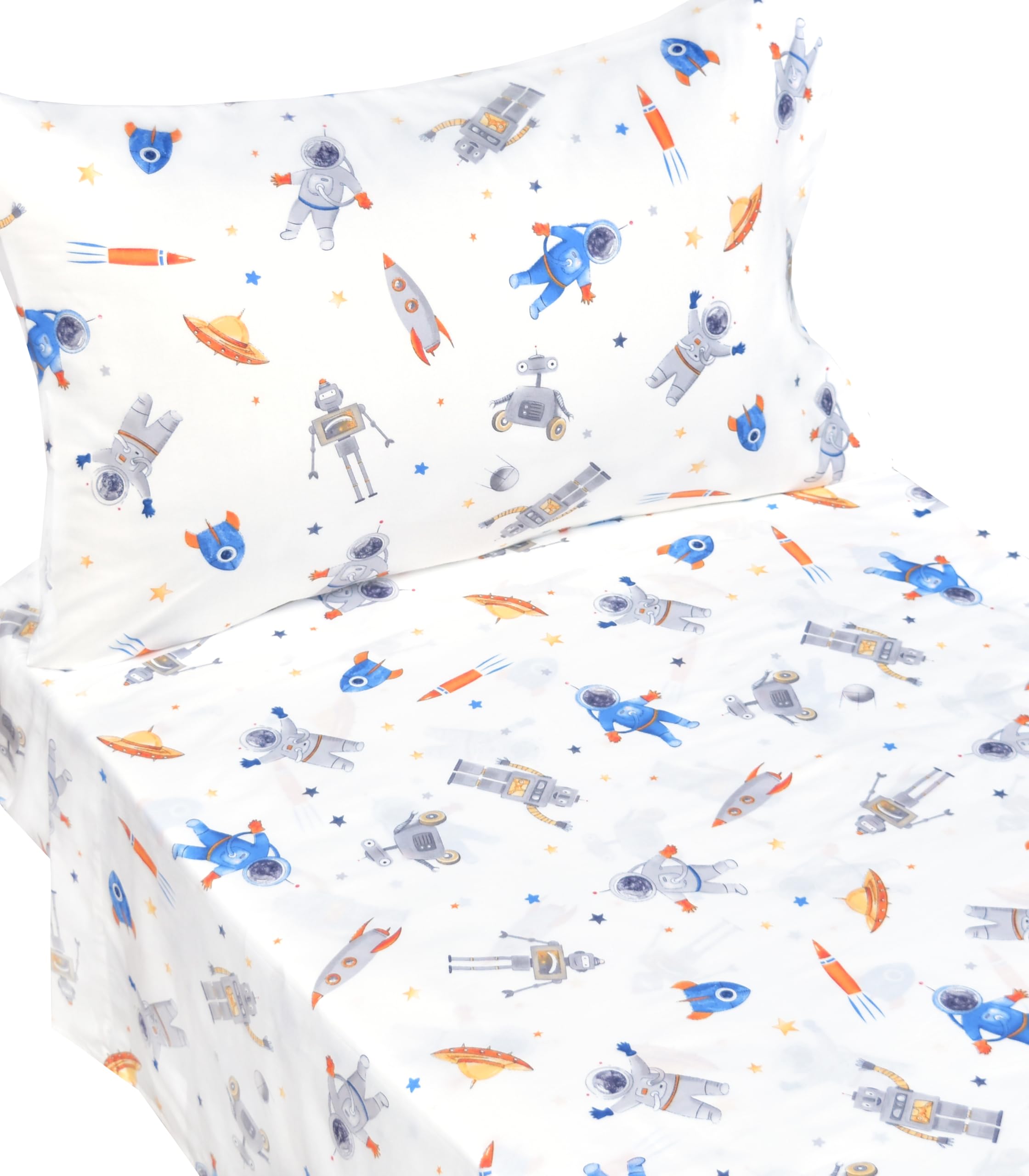 J-pinno robot-astronaut flat sheet closeup shows breathable 100% cotton for cozy sleep.
