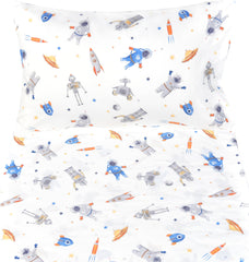 J-pinno robot-astronaut pillowcase-detail reveals soft finish for snuggly morning routines.