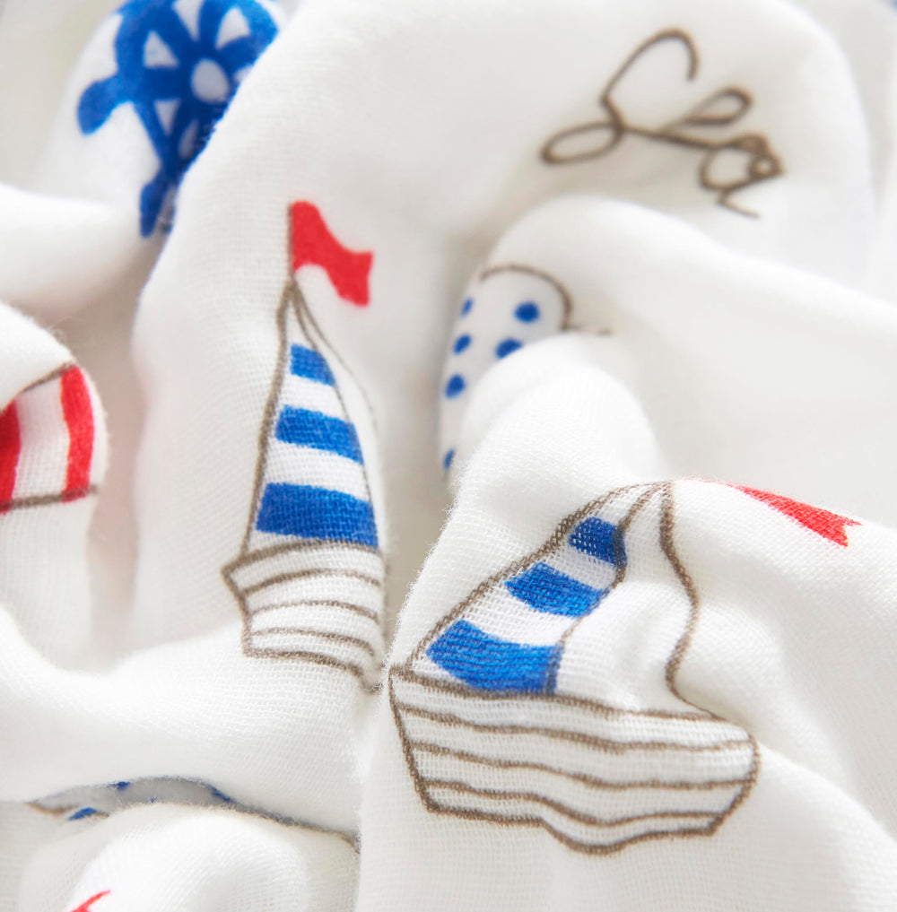Folded J-pinno Sailboat Sea Adventure blanket highlights plush texture and six-layer muslin