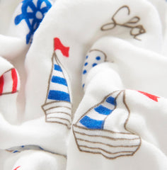 Folded J-pinno Sailboat Sea Adventure blanket highlights plush texture and six-layer muslin