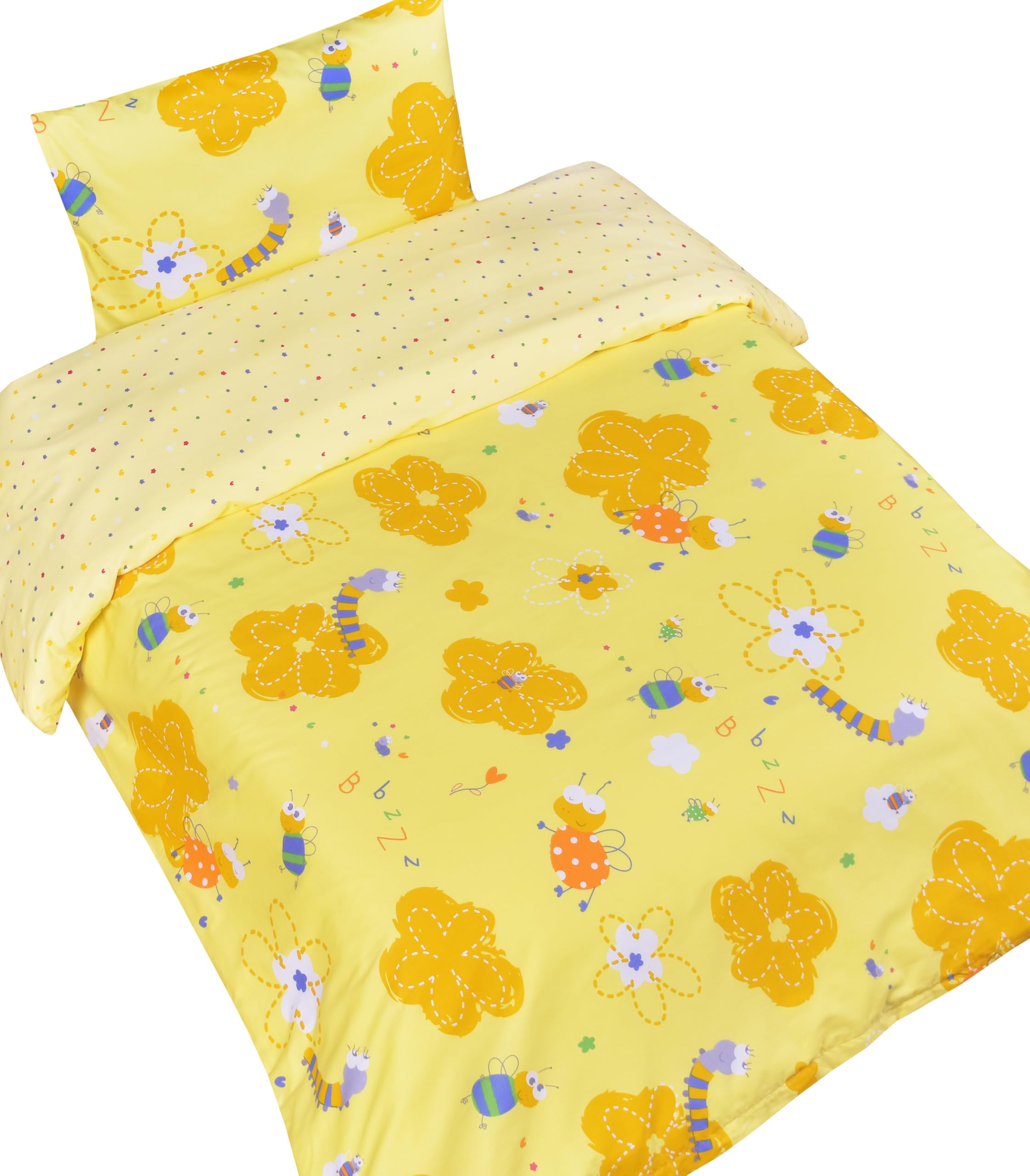 J-pinno Yellow Bee Caterpillar duvet cover front view for a cheerful kids’ room makeover and easy bedtime routines.