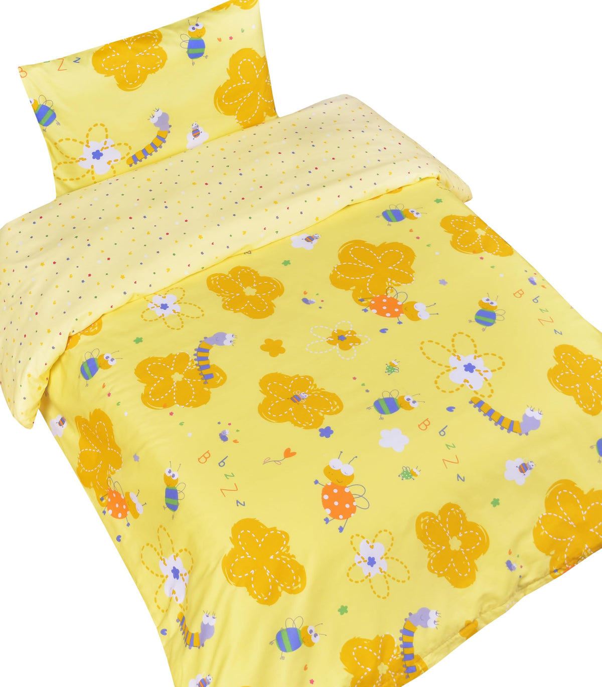 J-pinno Yellow Bee Caterpillar duvet cover front view for a cheerful kids’ room makeover and easy bedtime routines.