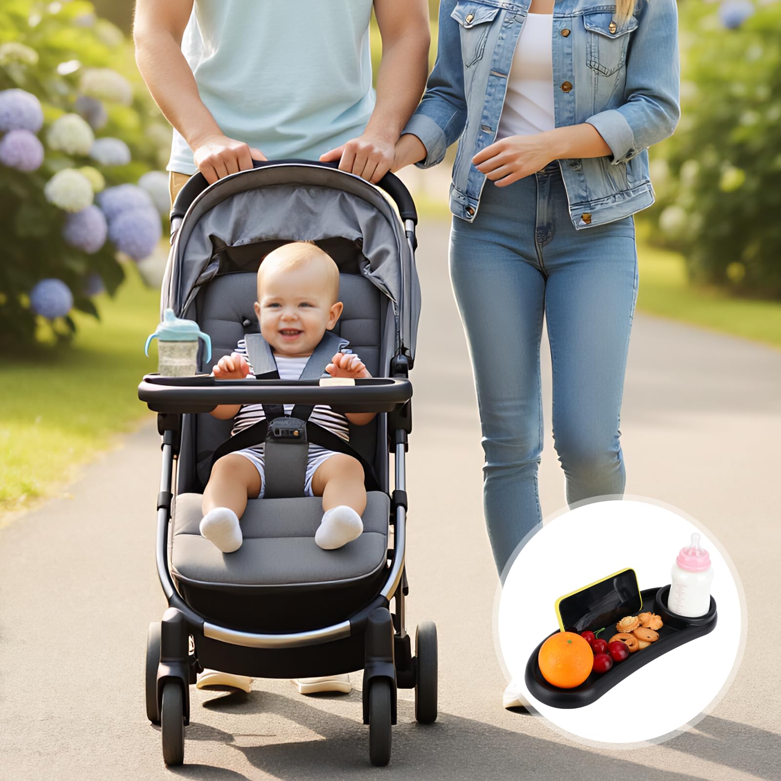 Jaarssho mockingbird compatibility tray fits most strollers with flexible attachment.