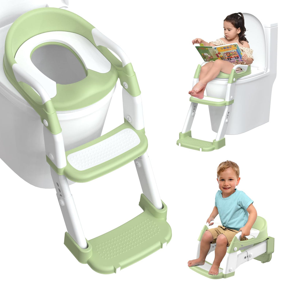 Jabaka Circle potty seat step stool green side view highlights sturdy ladder for easy climbs.