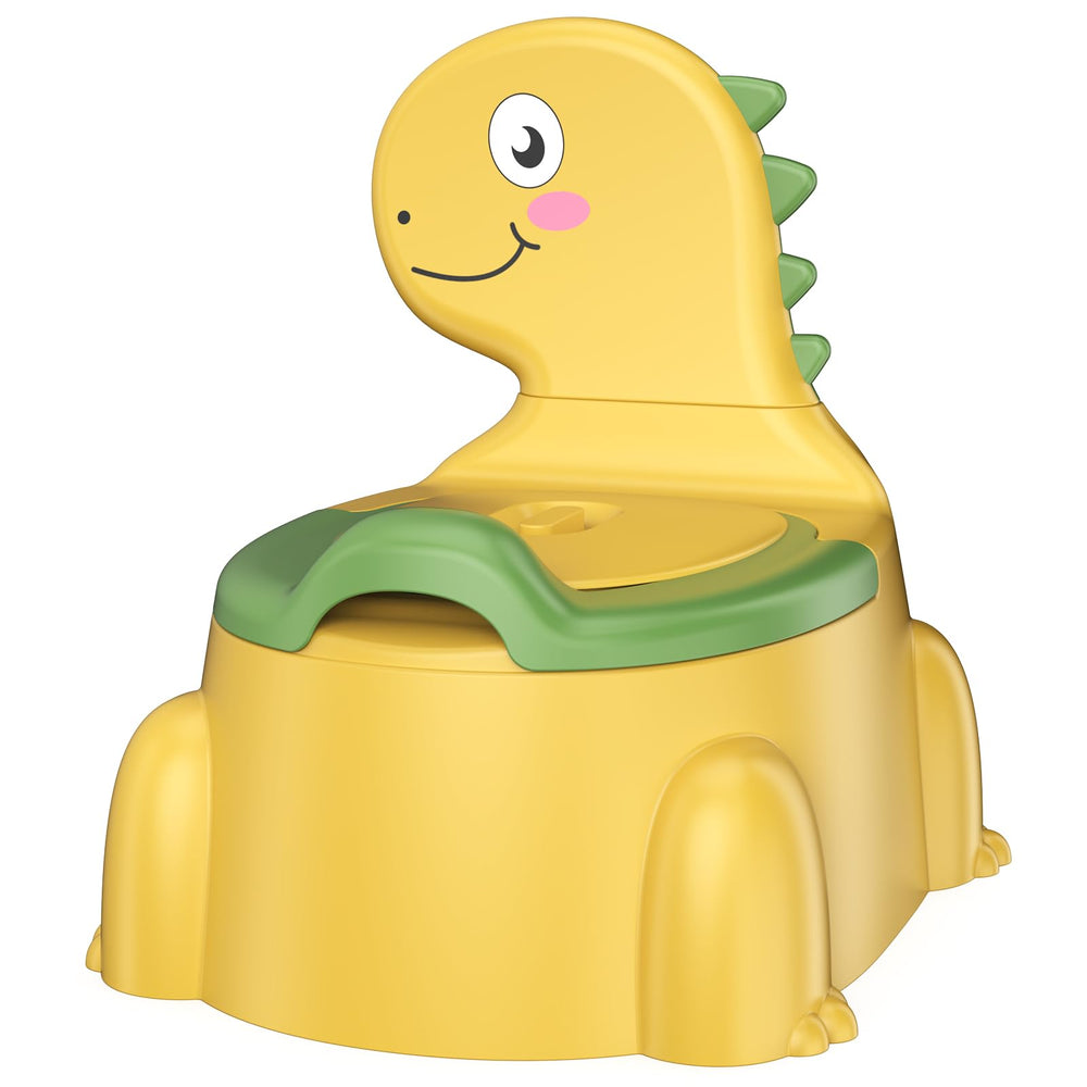 Jabaka Circle Potty yellow dinosaur with lid open supports easy potty independence.