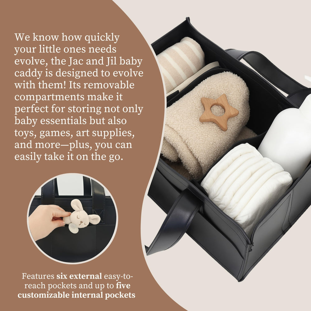 Jac and Jil liquorice-black diaper caddy featuring external pockets for quick access