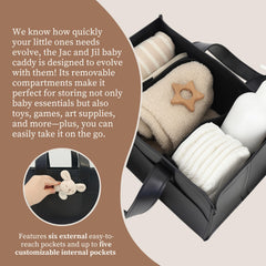 Jac and Jil liquorice-black diaper caddy featuring external pockets for quick access