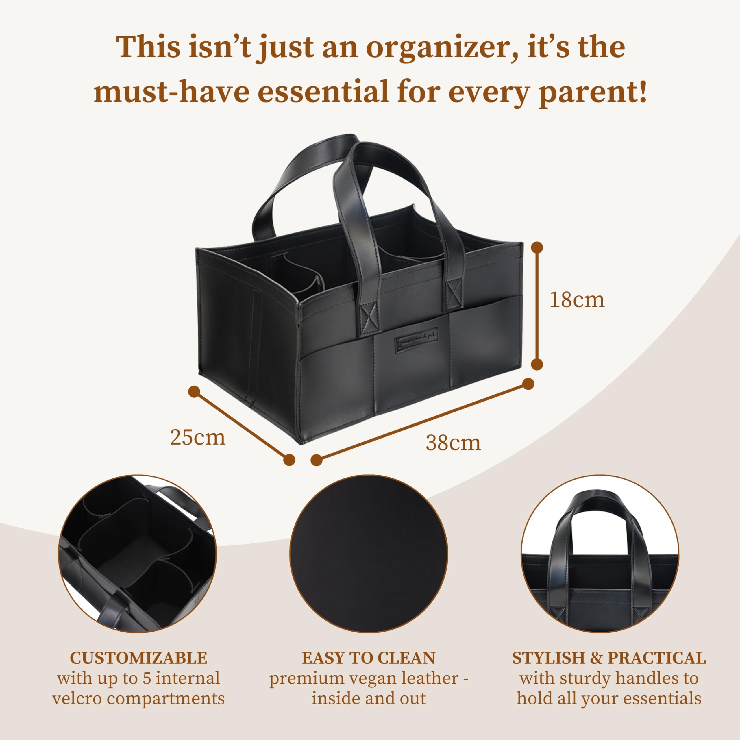 Jac and Jil liquorice-black diaper caddy showing sturdy handles for easy transport