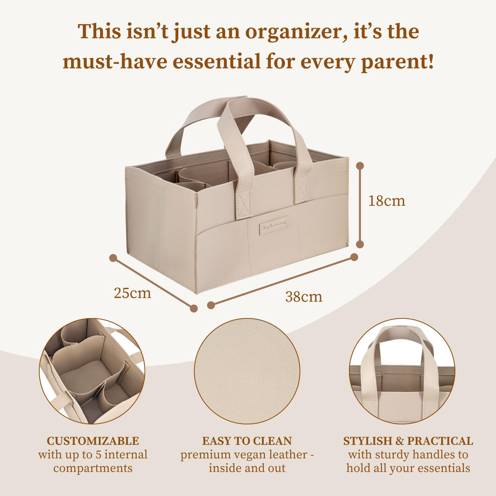 Jac and Jil Teddy Beige diaper caddy interior with adjustable dividers for growing baby gear.