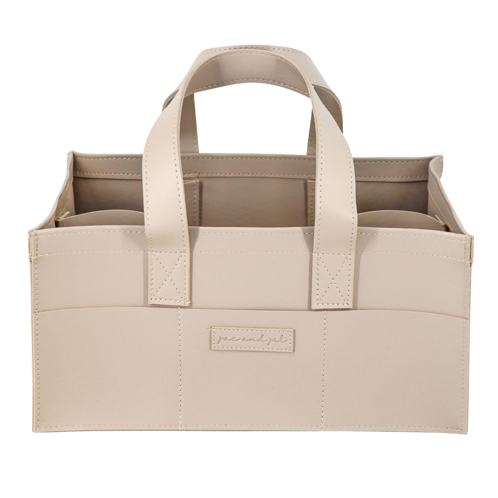 Jac and Jil Teddy Beige diaper caddy top view shows organized newborn essentials at a glance.