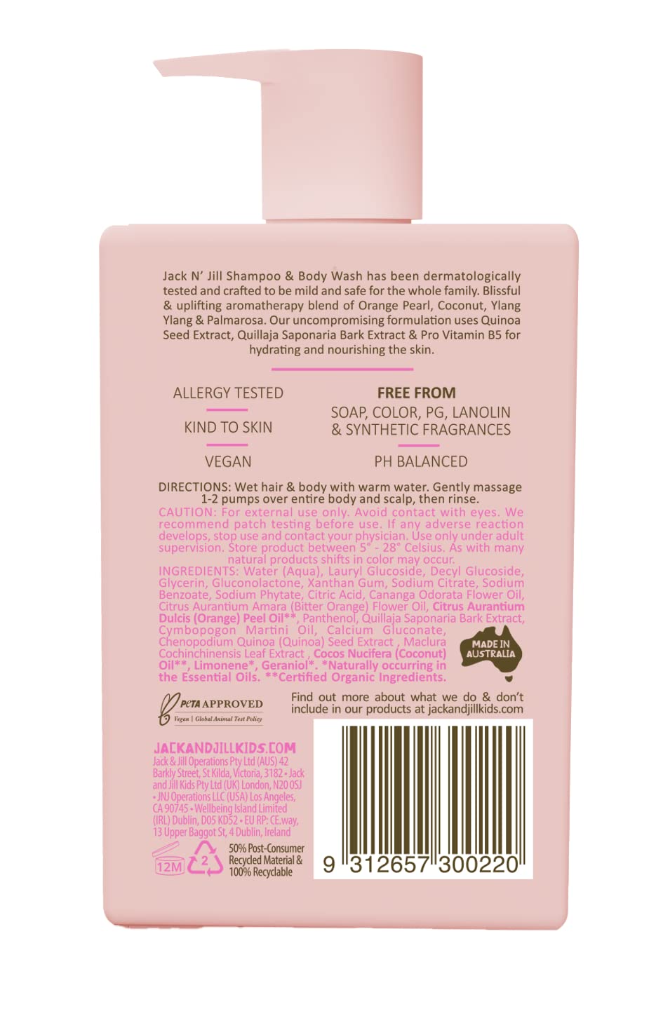 Jack N' Jill label close-up highlights color-free, mild formula for kids' skin