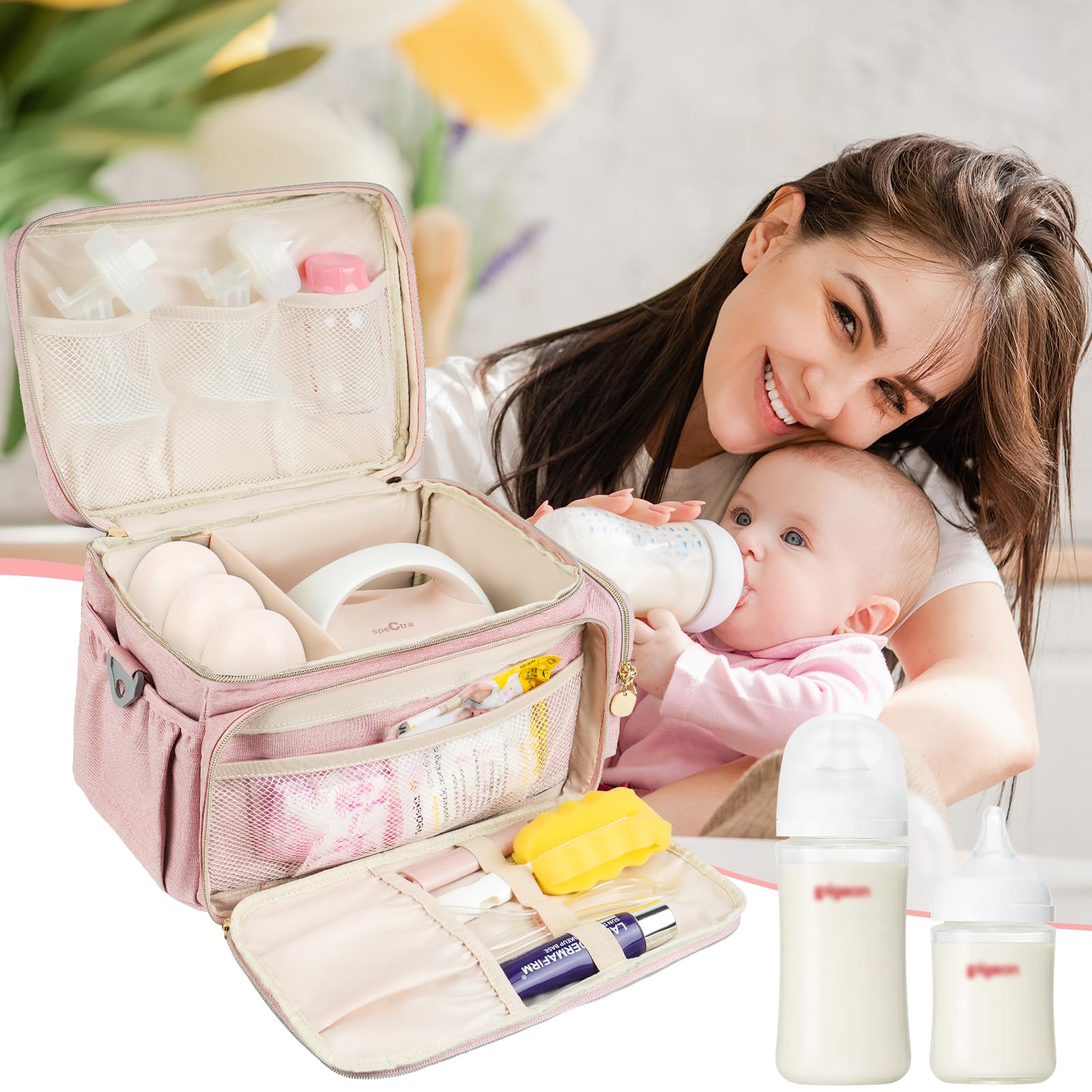 Jaffzora breast pump bag sturdy handle facilitates one-handed transport.