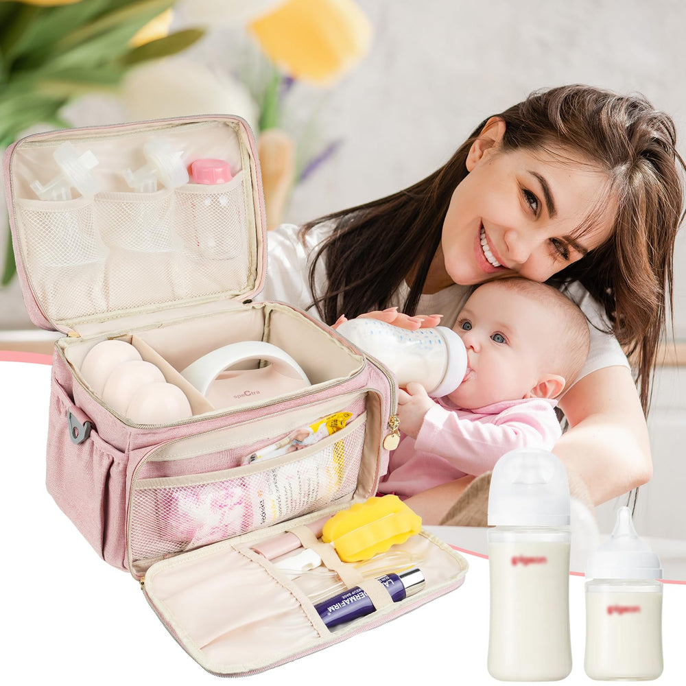 Jaffzora breast pump bag sturdy handle facilitates one-handed transport.