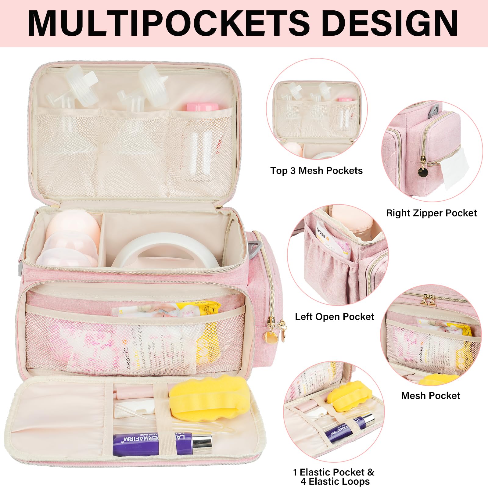 Jaffzora breast pump bag S1/S2 fit showcases spacious compartments for accessories.