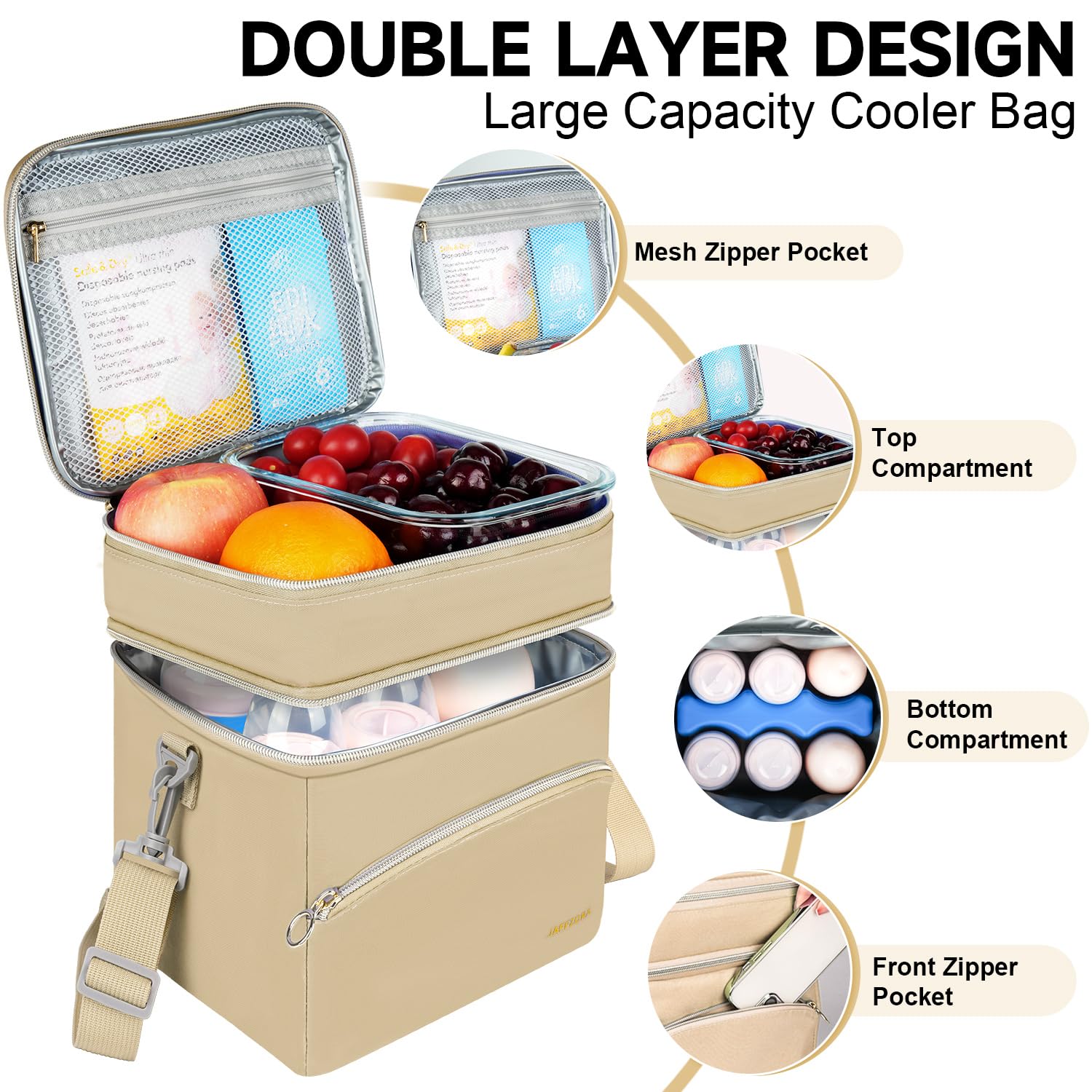 Jaffzora breastmilk cooler bag bottom compartment holds six bottles for travel