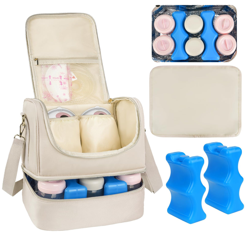 Jaffzora wearable breast pump bag apricot front view highlights travel-ready design for easy pumping