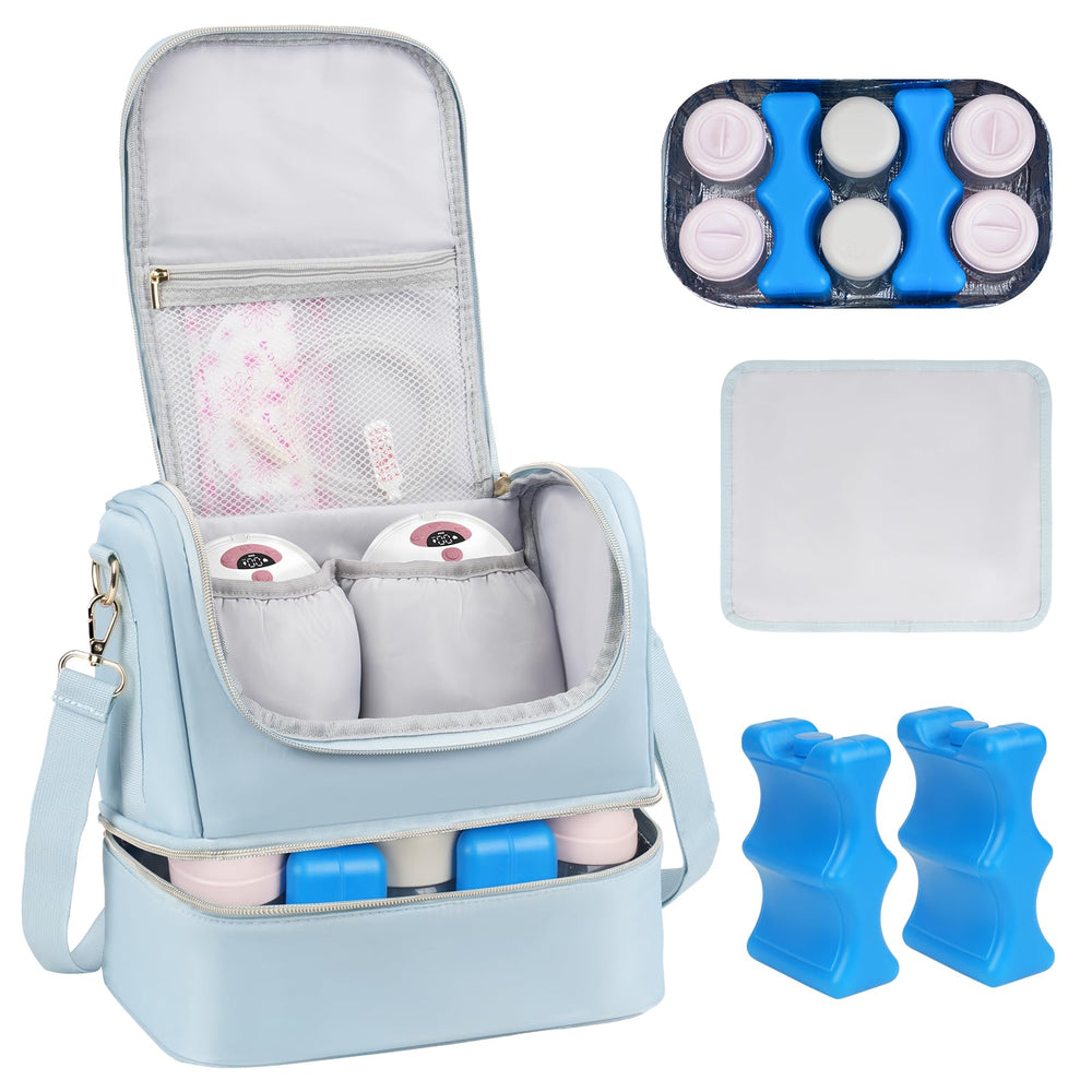 Jaffzora wearable breast pump bag blue closeup for easy travel
