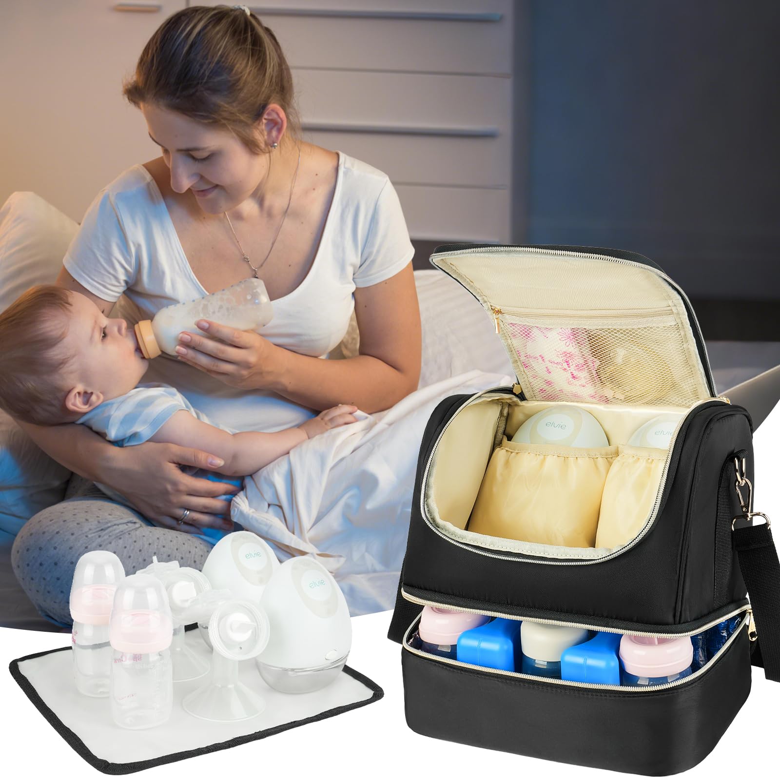 Jaffzora breast pump bag in use during travel with cooler compartment