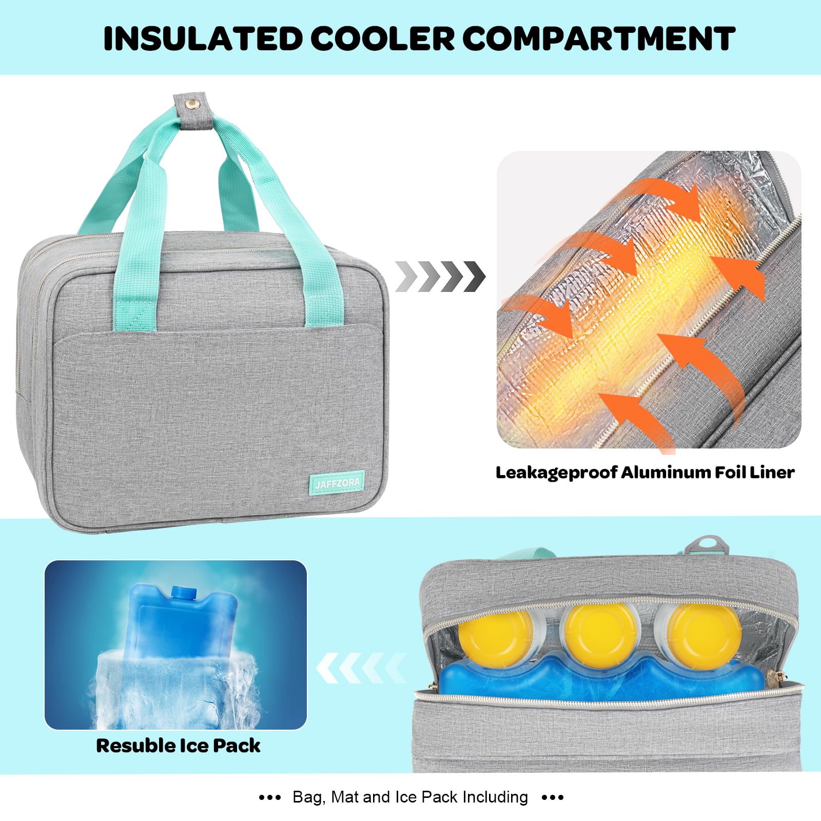 Jaffzora bag multipocket layout keeps pumps and cords organized.