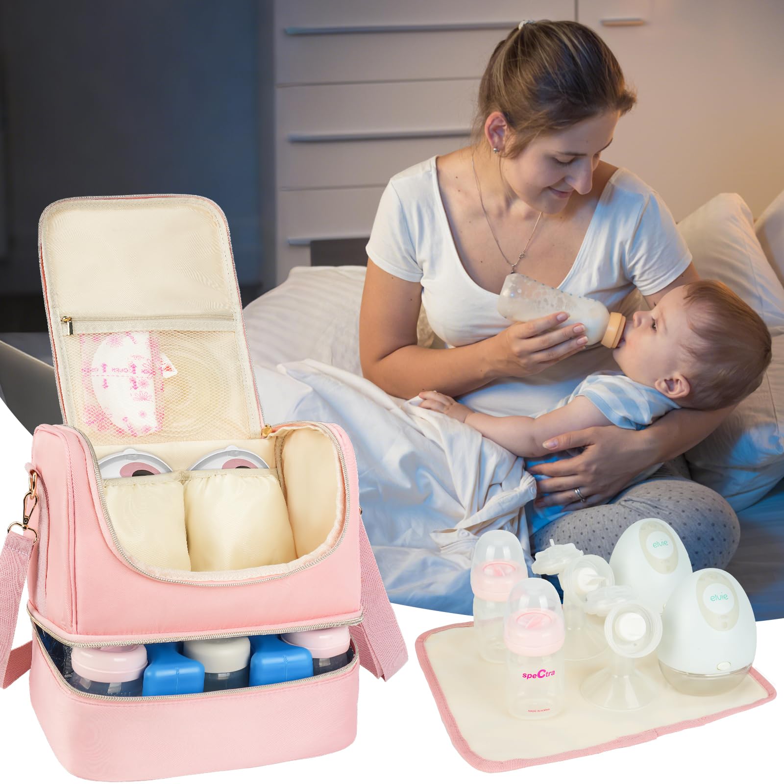 Jaffzora pink breast pump bag packaging display with contents