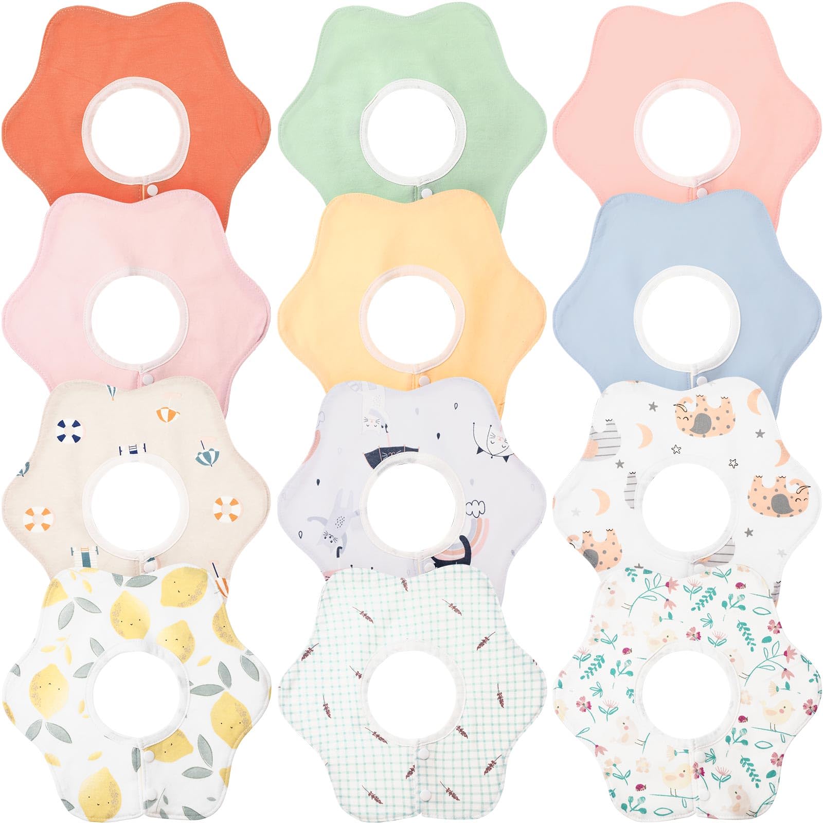 JaGely 12-pack baby bibs front view in assorted colors for mess-free feeding.