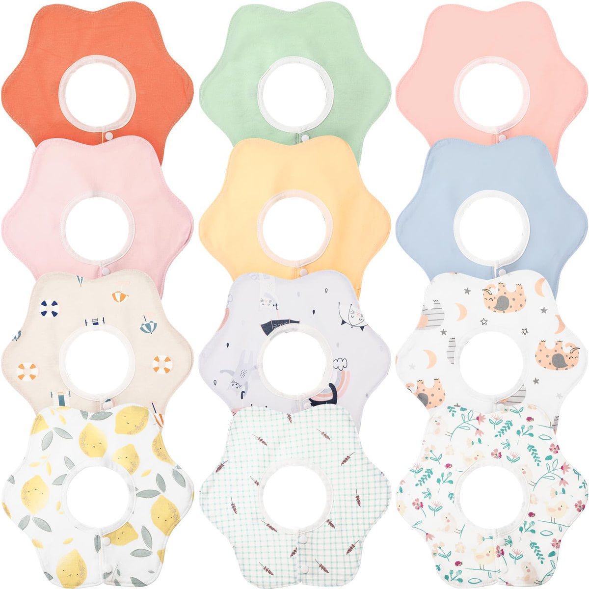 JaGely 12-pack baby bibs front view in assorted colors for mess-free feeding.