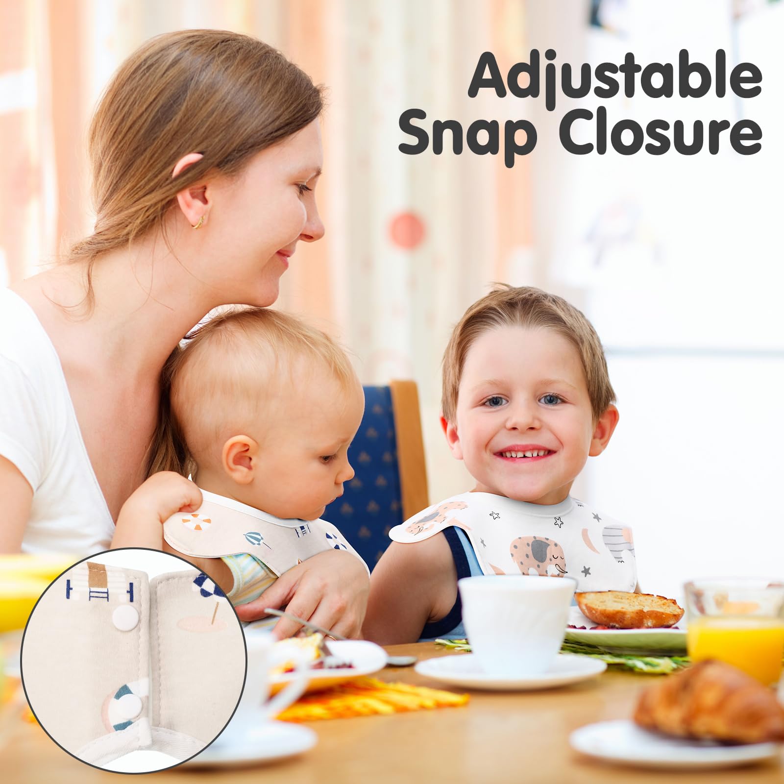 JaGely adjustable-snaps bibs demonstrate secure fit for growing babies.