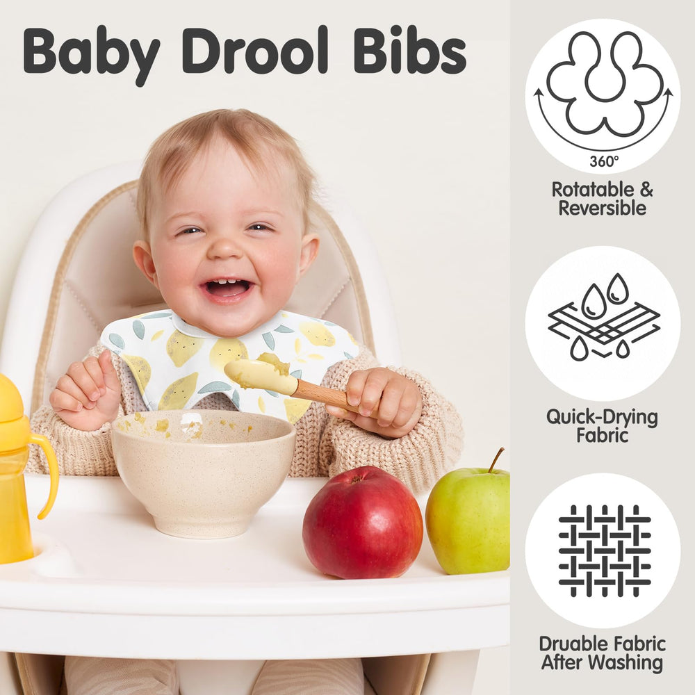 JaGely machine-washable bibs illustrate easy cleanup after feeding and drool.