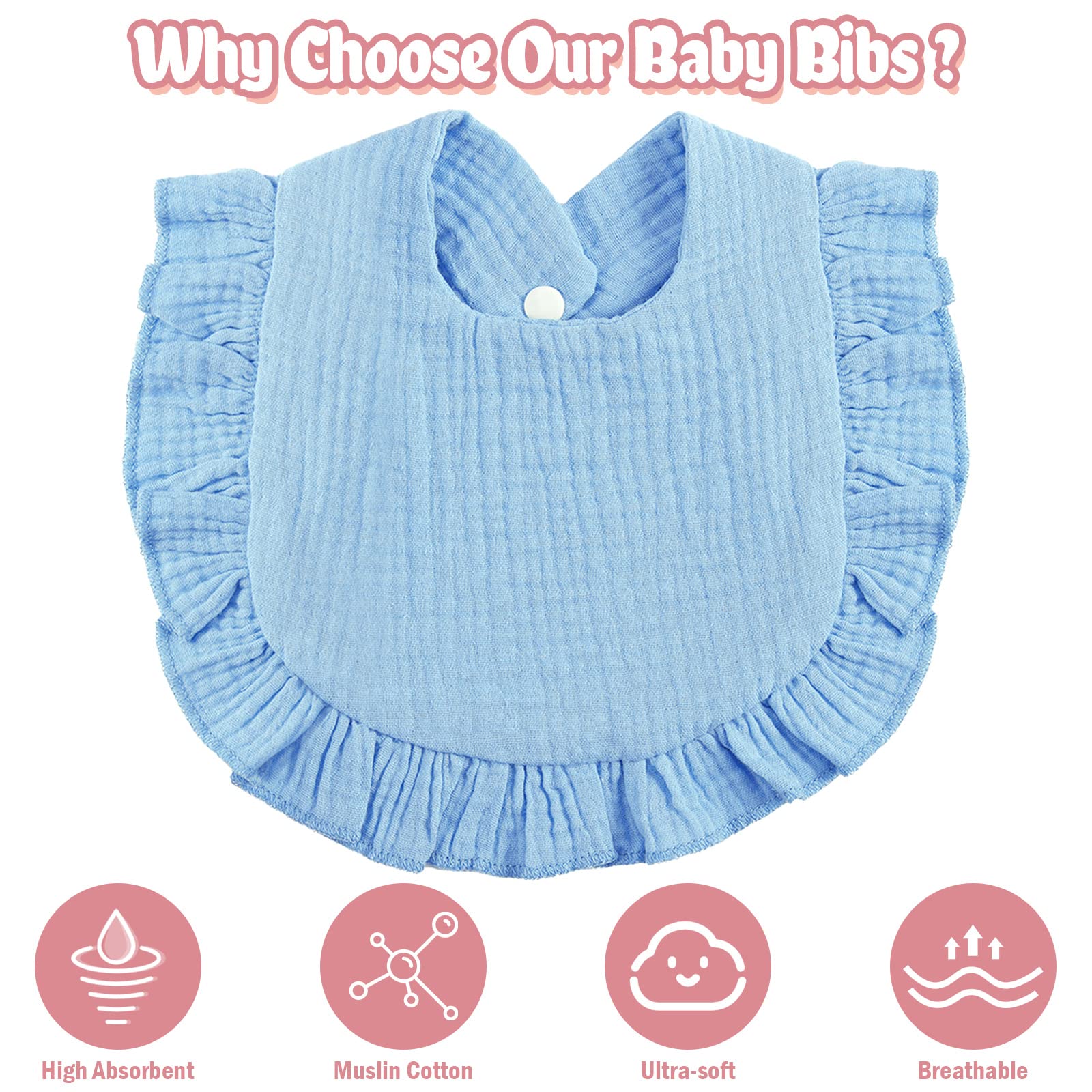 JaGely baby bibs 9x9 inch with an 11-inch neck for adjustable fit through growth.