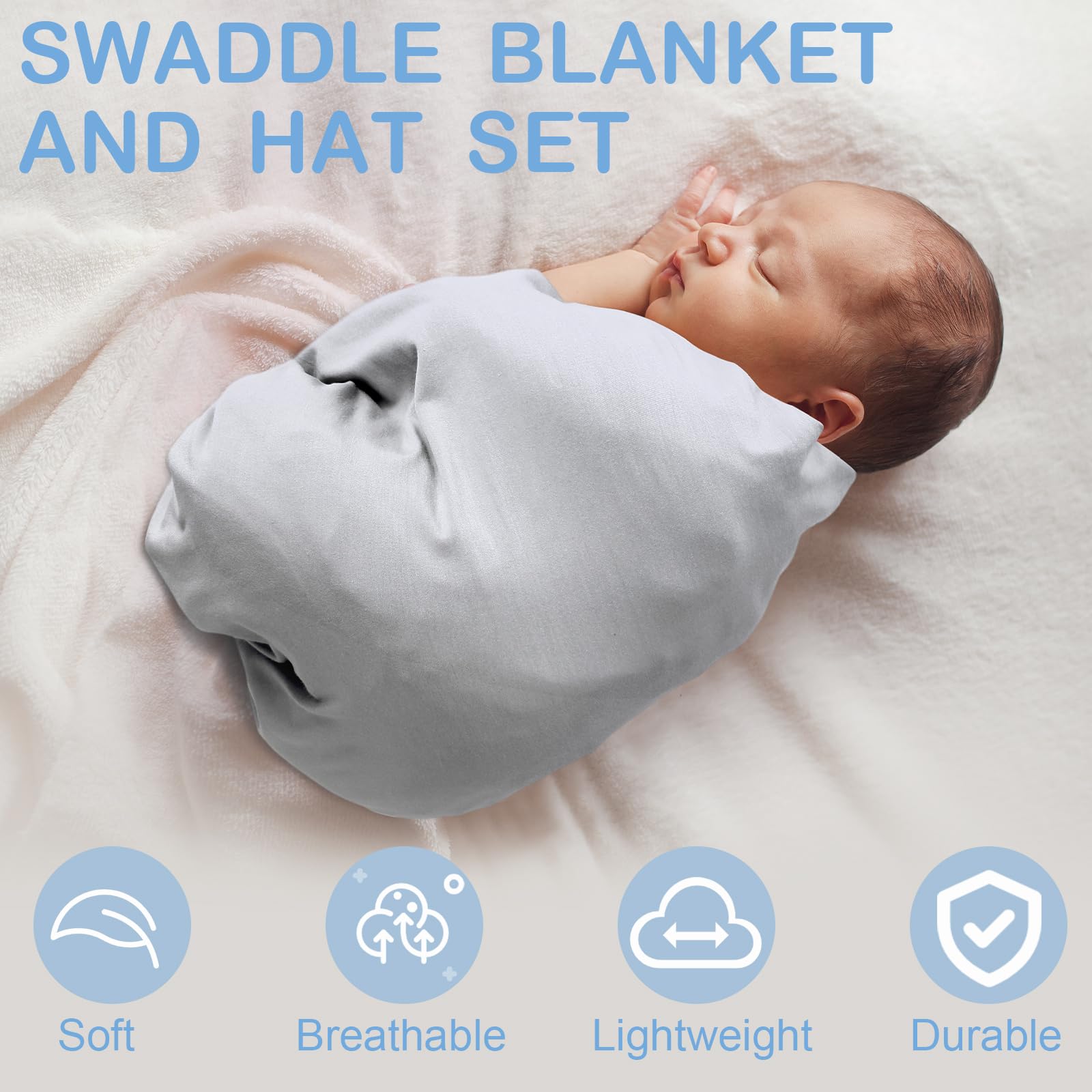 JaGely baby swaddled with hat in light gray, snug, gentle wrap.