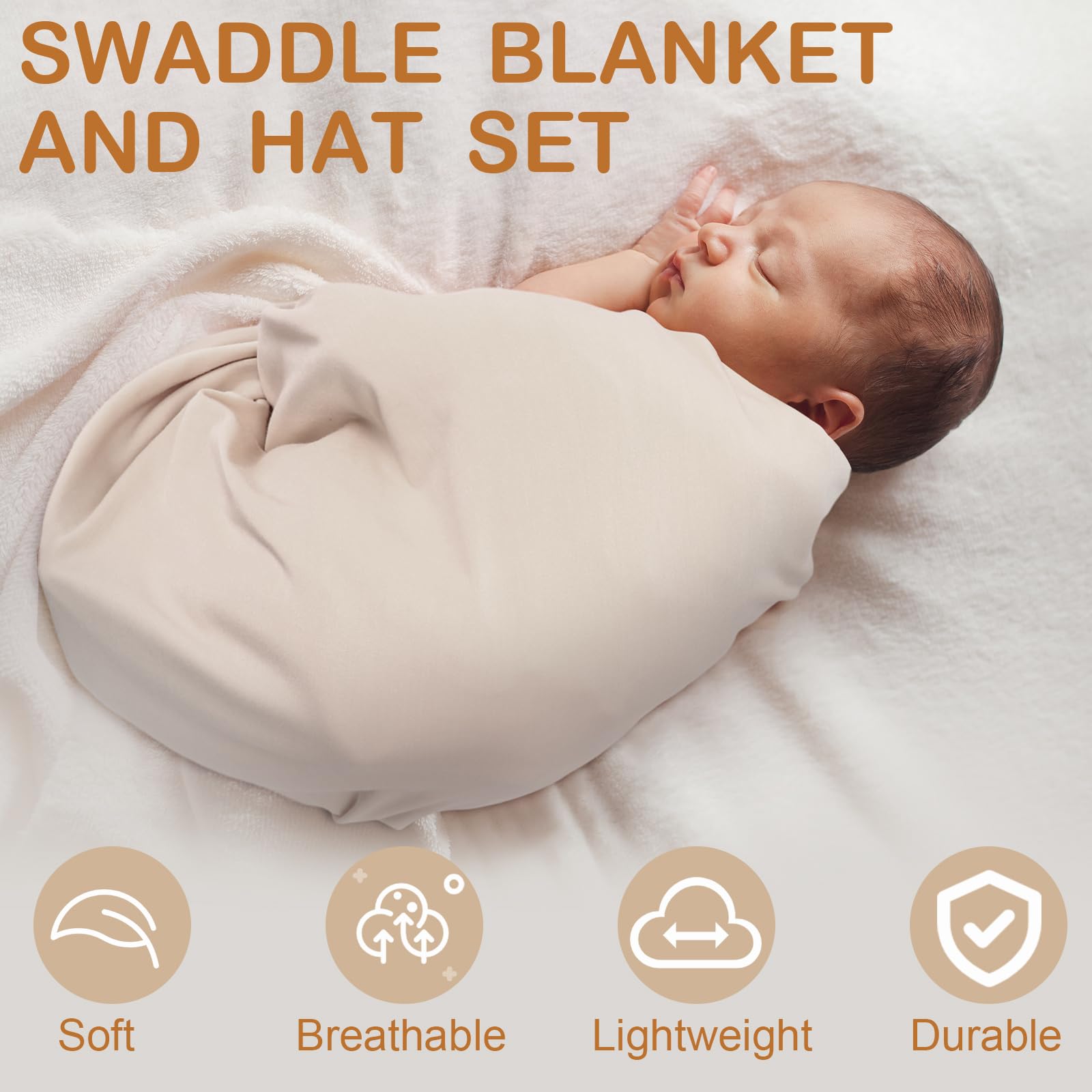 JaGely khaki swaddle blanket on baby for secure swaddling and calm routines