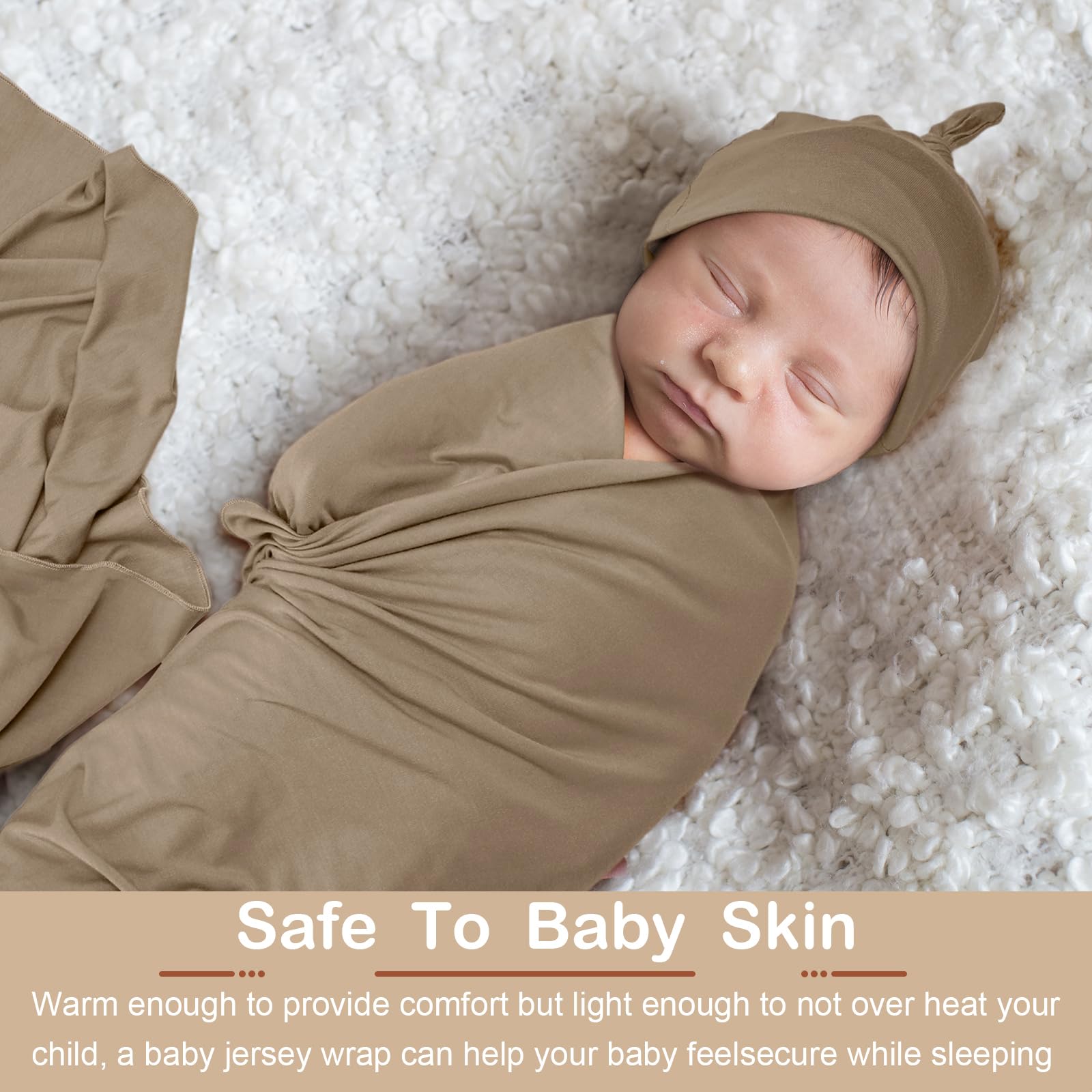 JaGely khaki swaddle hat close-up demonstrating comfortable fit for infants