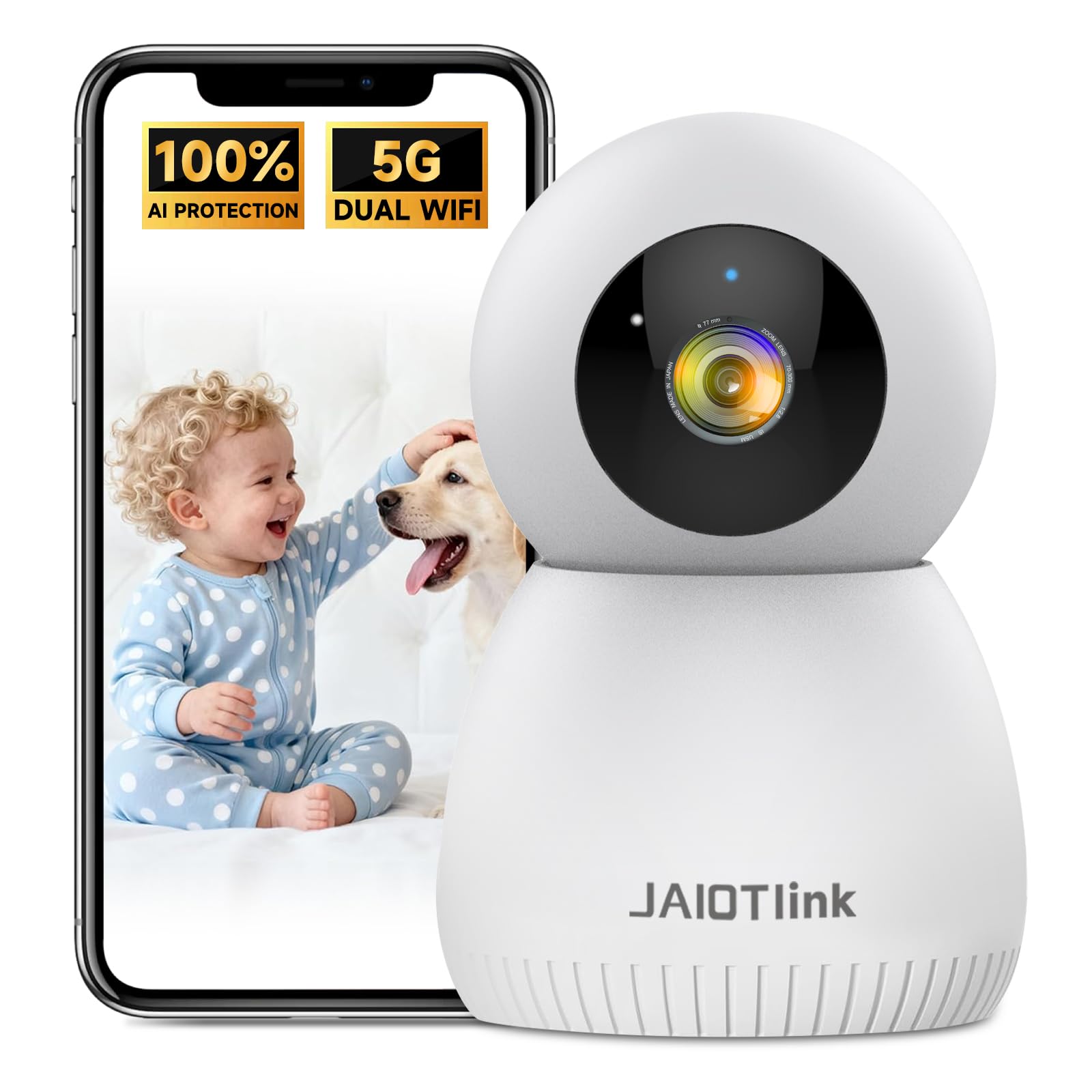 JAIOTlink 2K baby monitor 360° PTZ captures full room for baby and pet care.