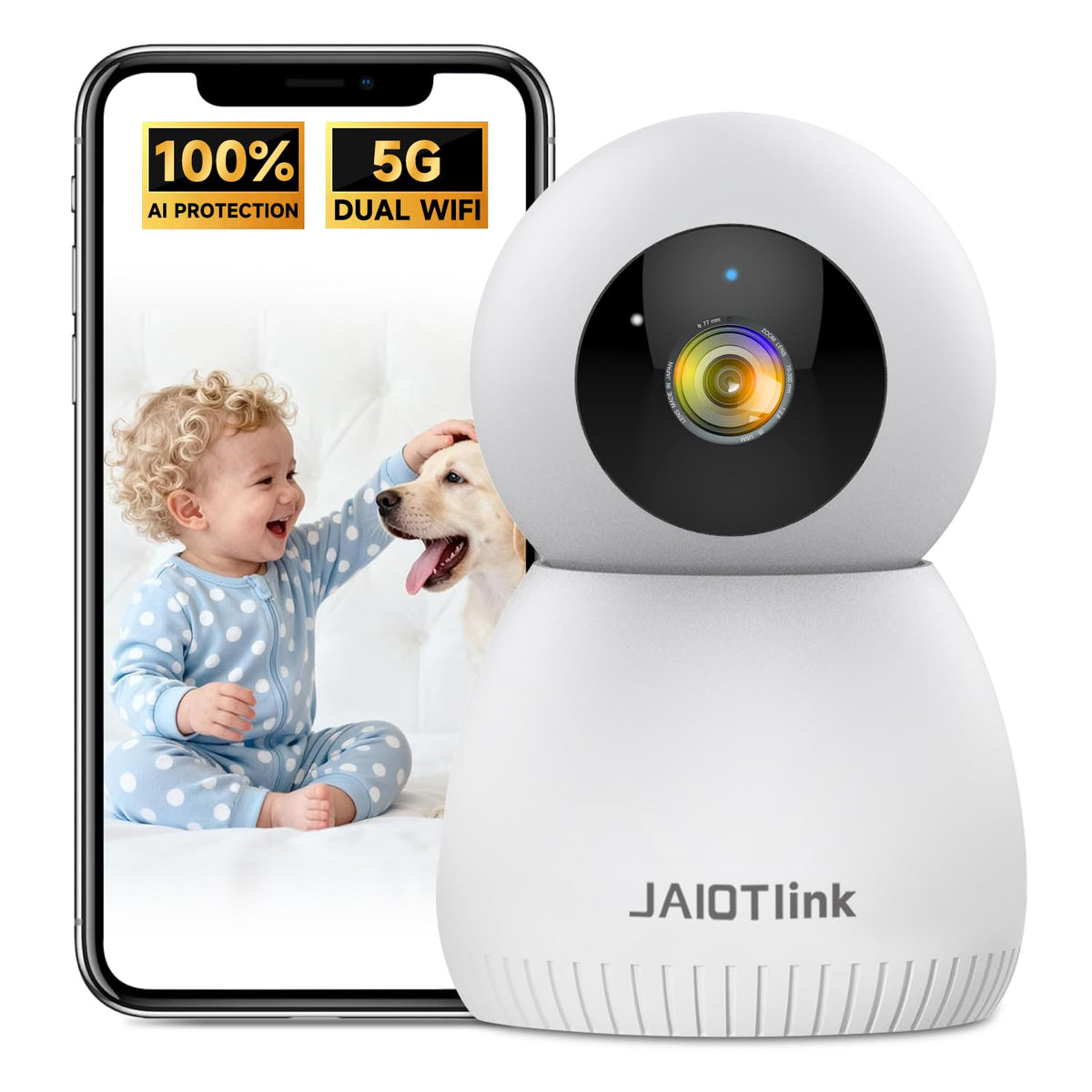 JAIOTlink 2K baby monitor 360° PTZ captures full room for baby and pet care.