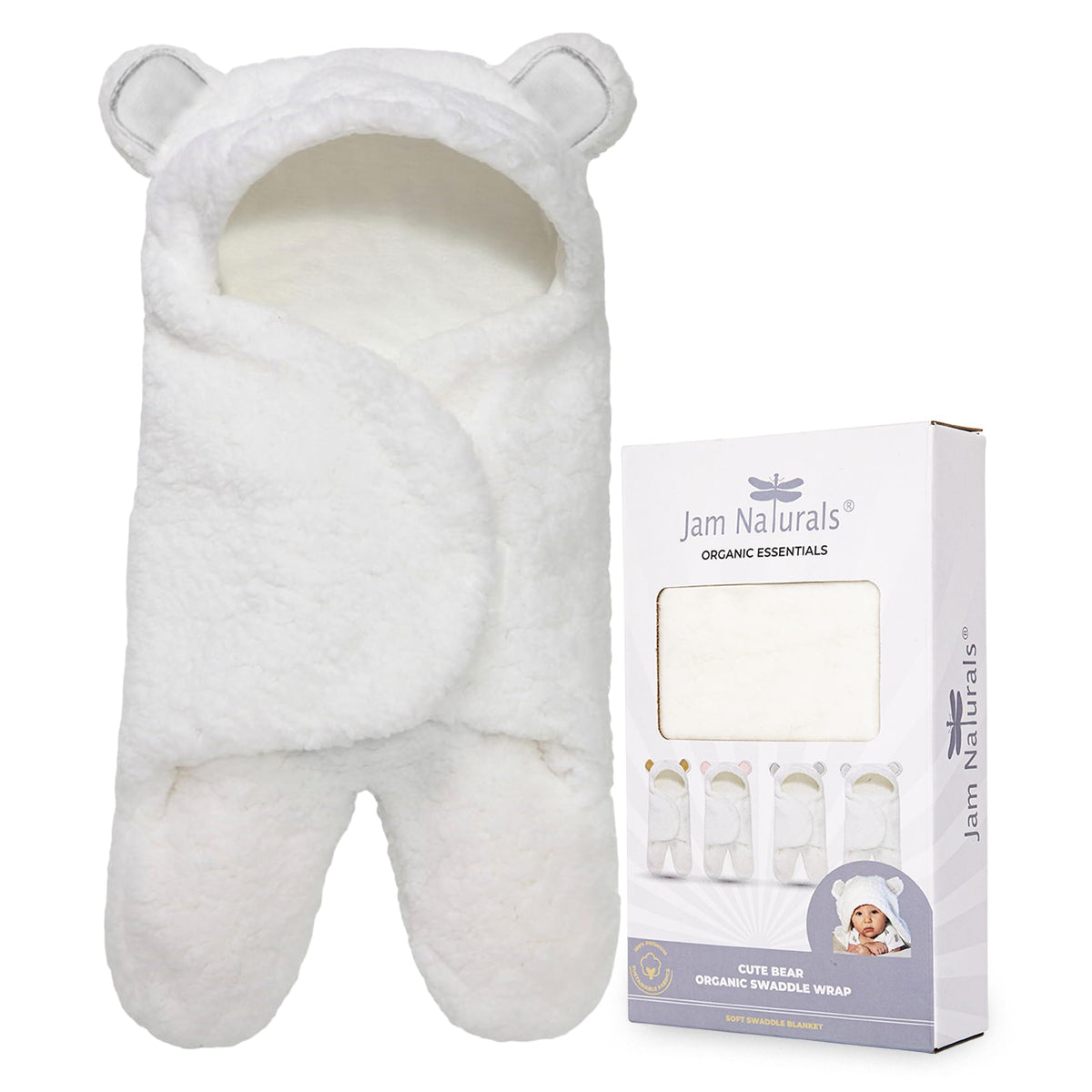 Jam Naturals baby swaddle blanket white hooded closeup highlights plush organic fabrics and cozy feel